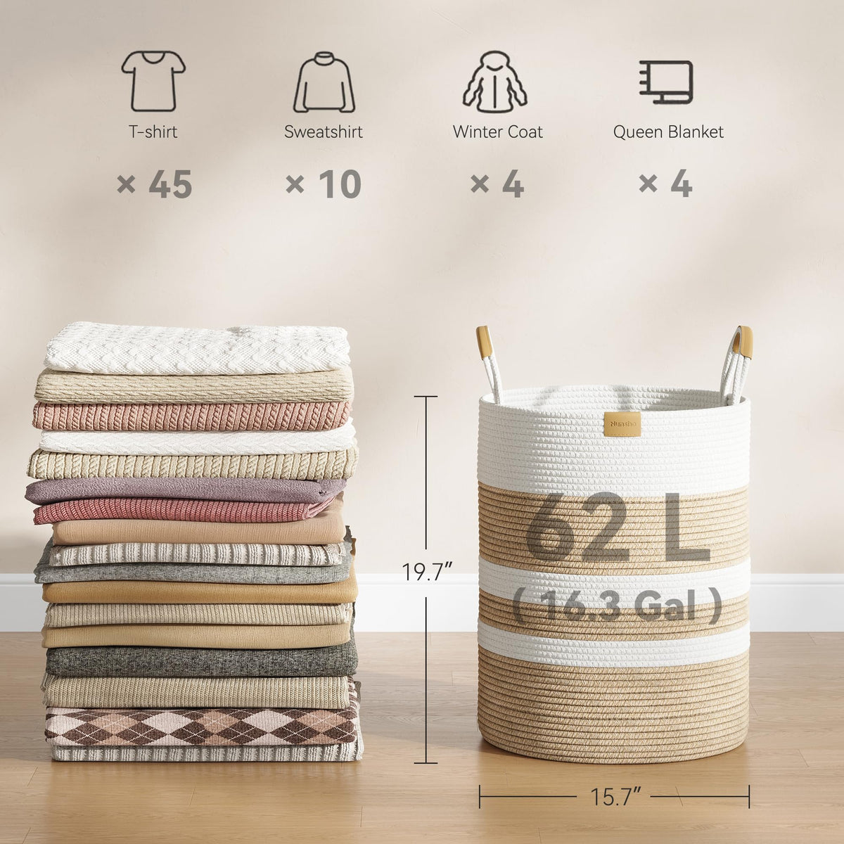 62L Striped Laundry Hamper with Leather Handles