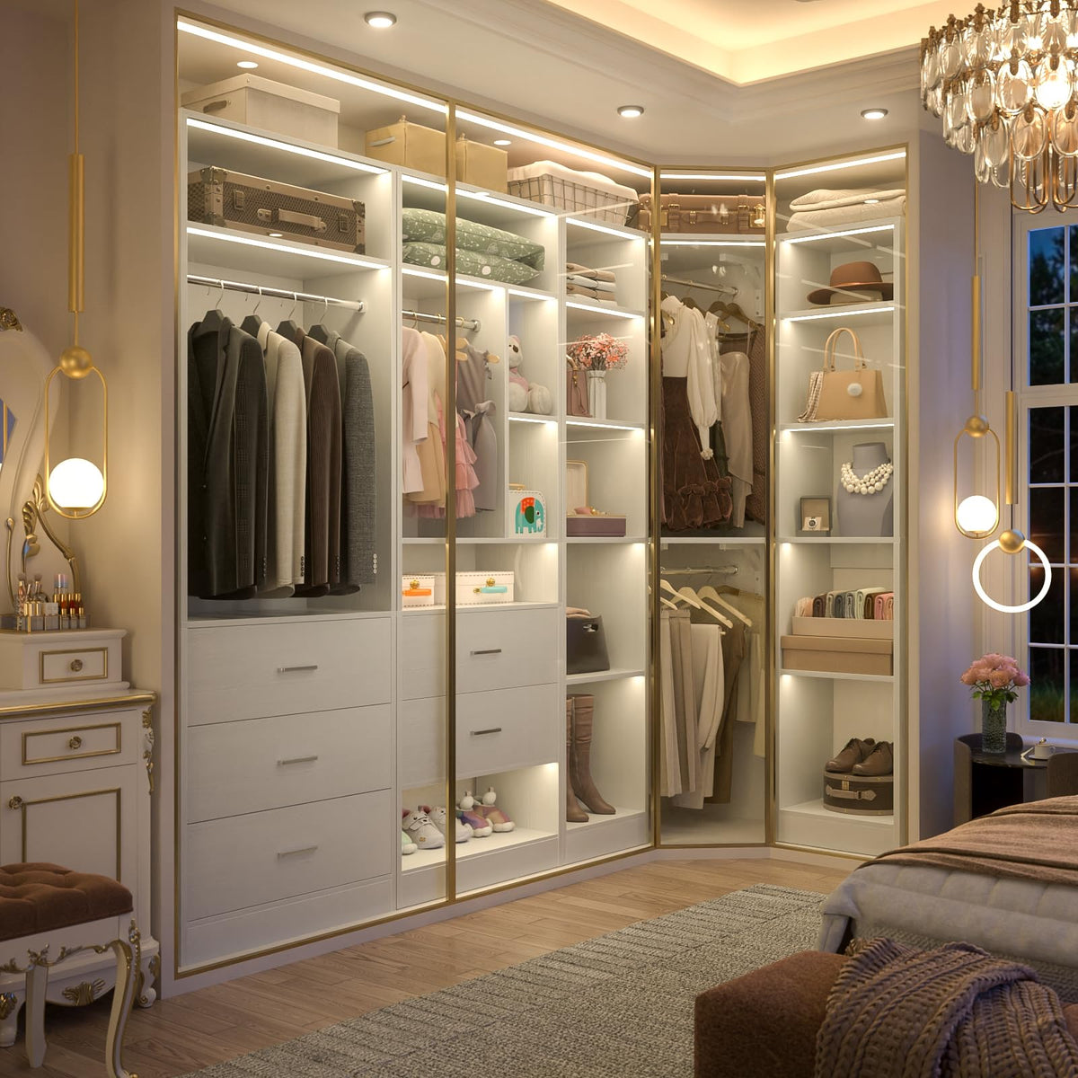 Corner Closet System with 5 Drawers