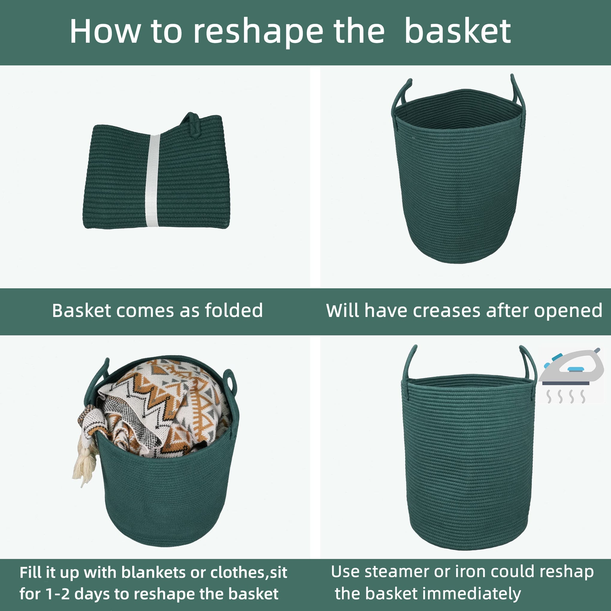 Cotton Rope Laundry Basket Hamper for Clothes Large Dark Green