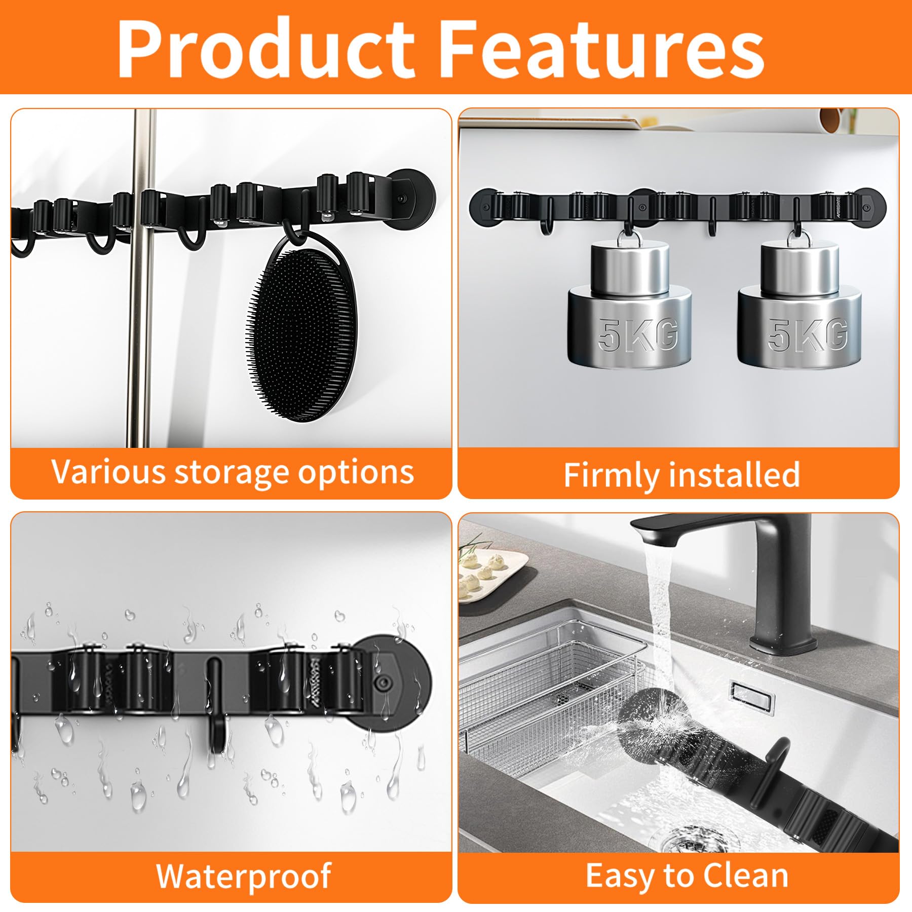 Magnetic Broom Holder Wall Mount with 4 Hooks and 5 Rack
