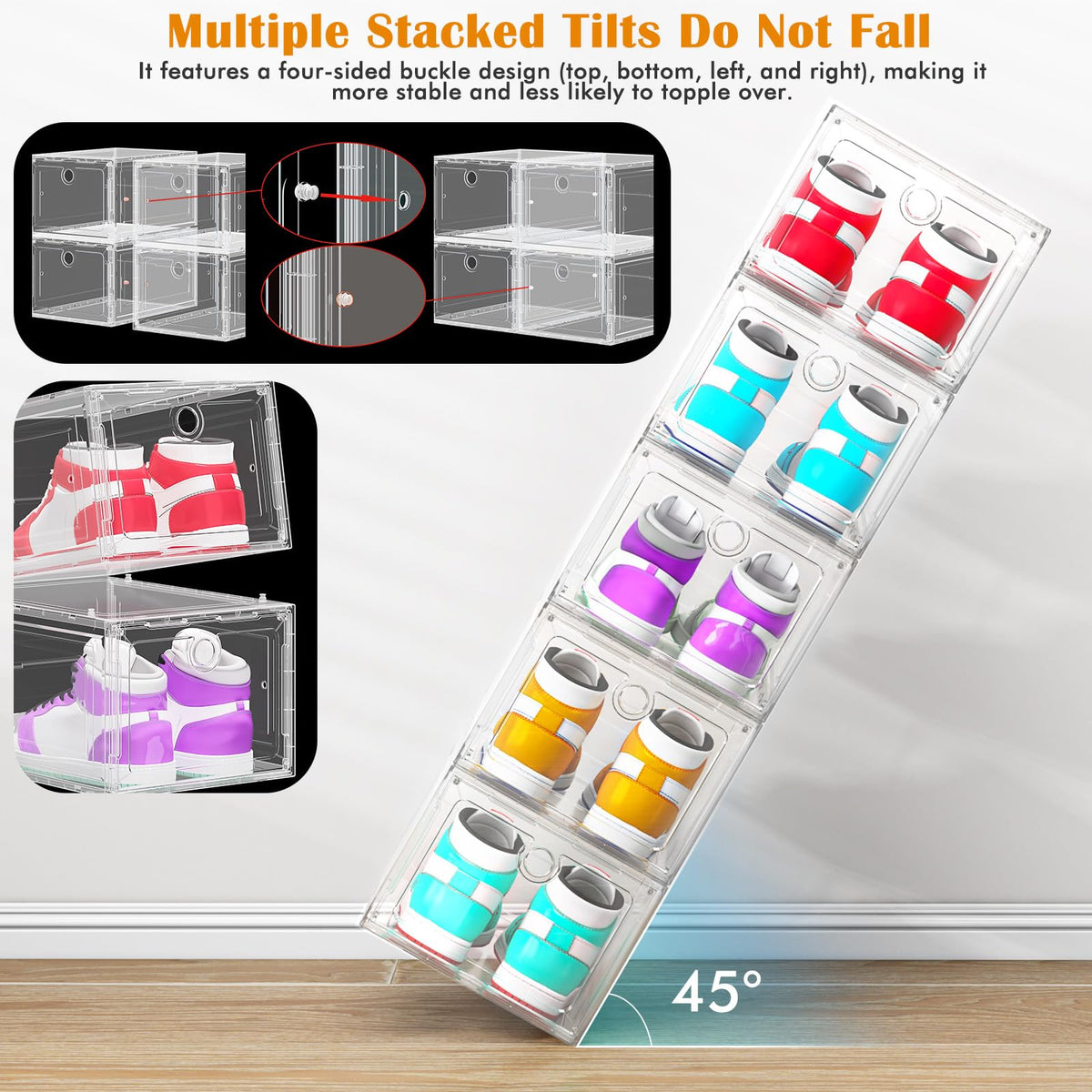 6 Pack Clear Shoe Storage Boxes Magnetic Stackable (6 Count)