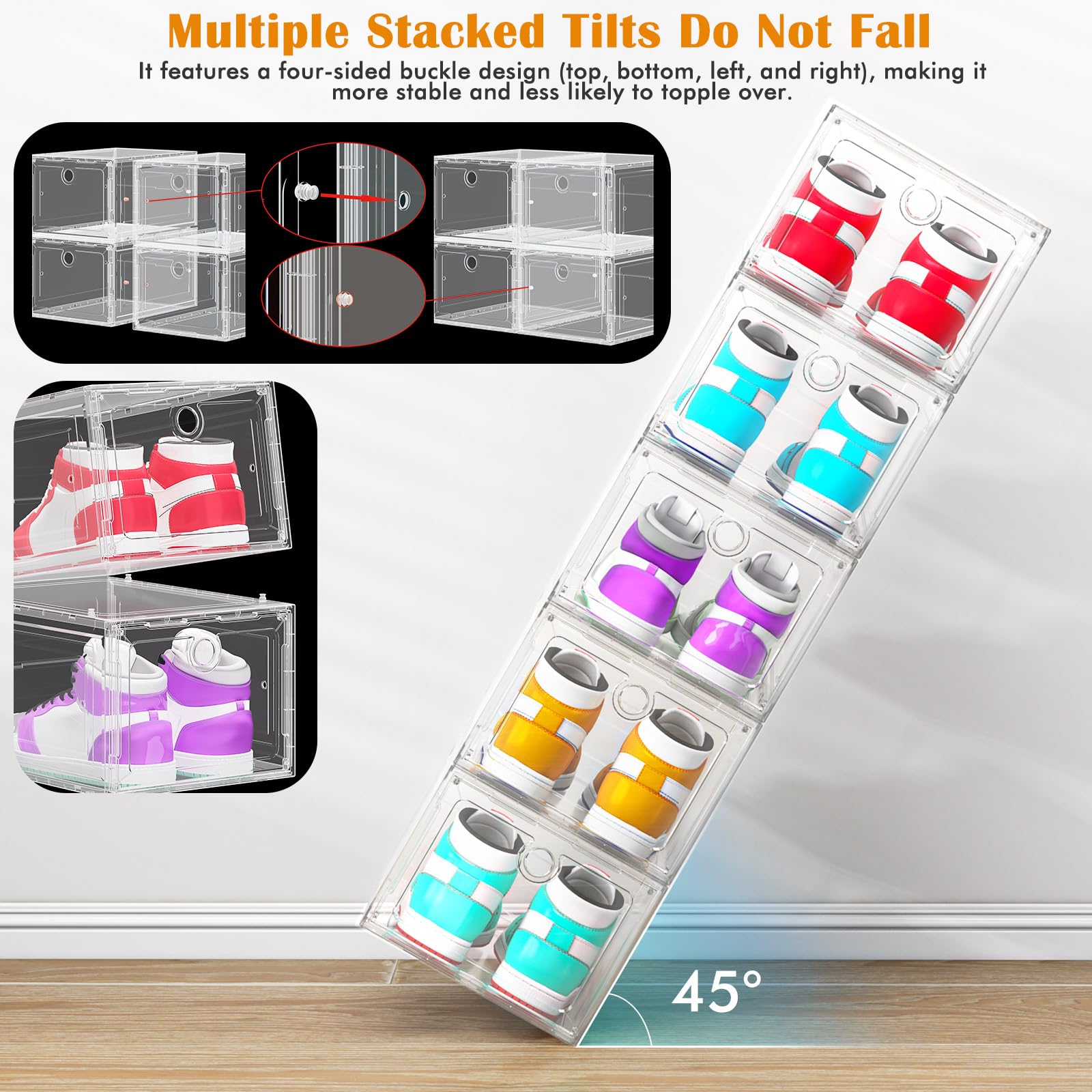 6 Pack Clear Shoe Storage Boxes Magnetic Stackable (6 Count)