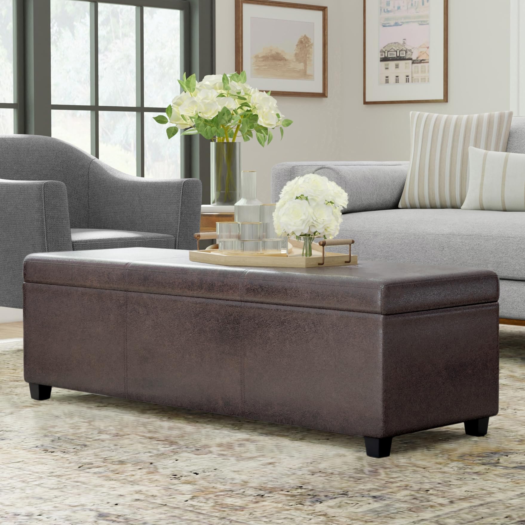 Avalon 54" Wide Vegan Leather Storage Ottoman in Brown