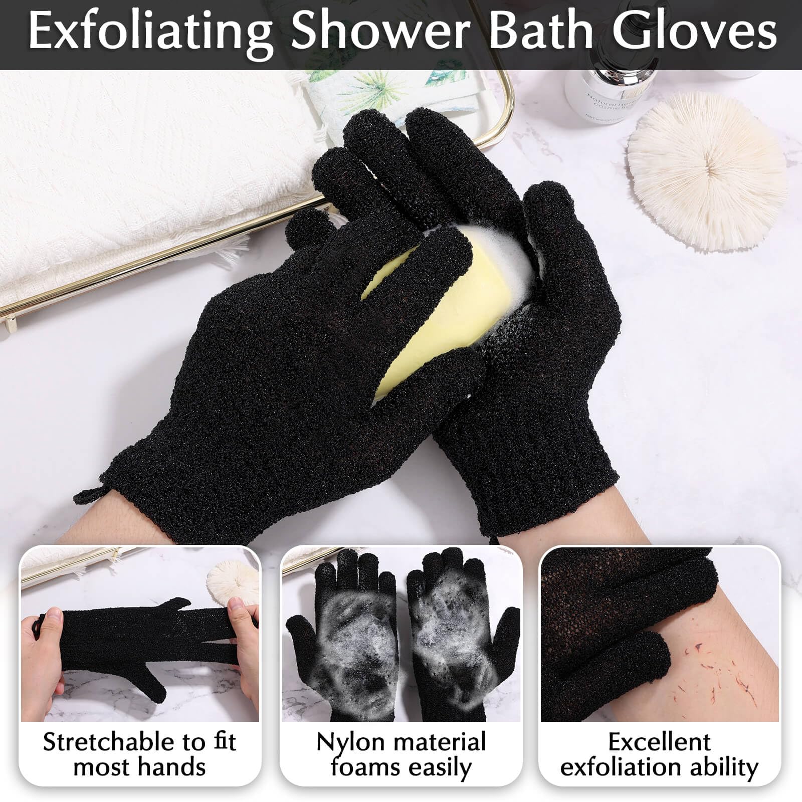 Exfoliating Back Scrubber Bath Gloves Set (3 Count)
