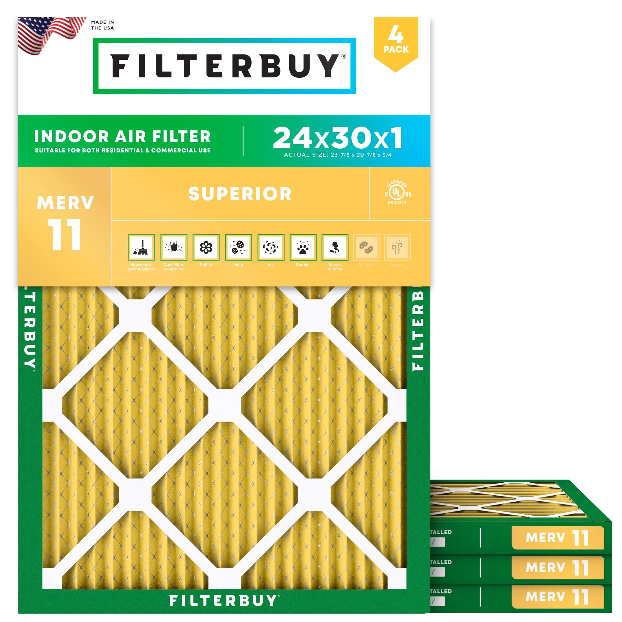 24x30x1 Air Filter MERV 11 Pet & Allergy Defense (4 Count)