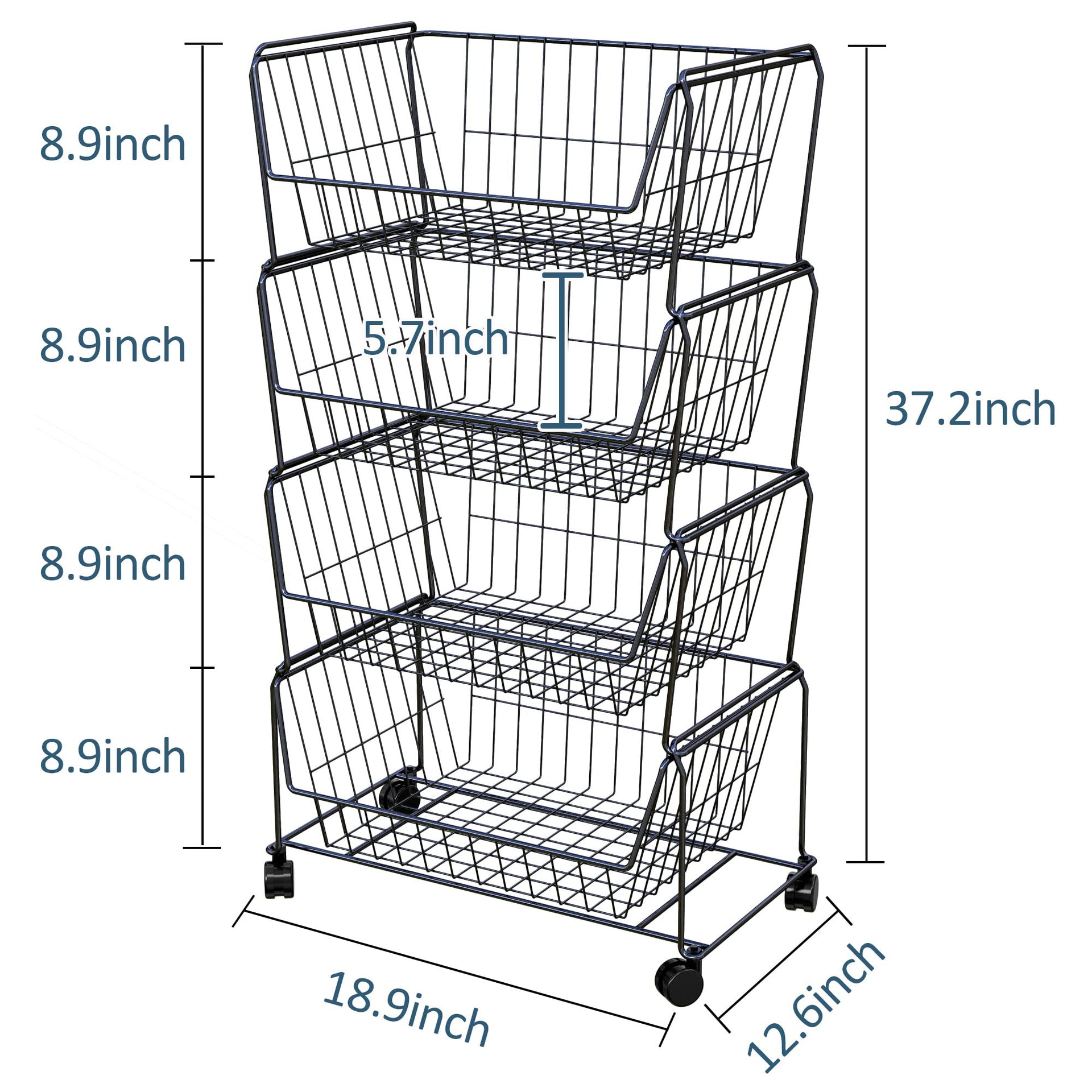 4 Tier Large Stackable Wire Storage Baskets with Wheels