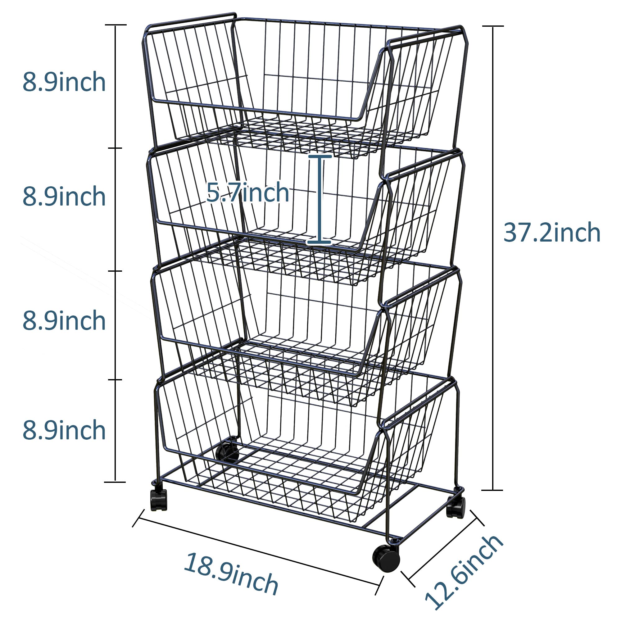 4 Tier Large Stackable Wire Storage Baskets with Wheels