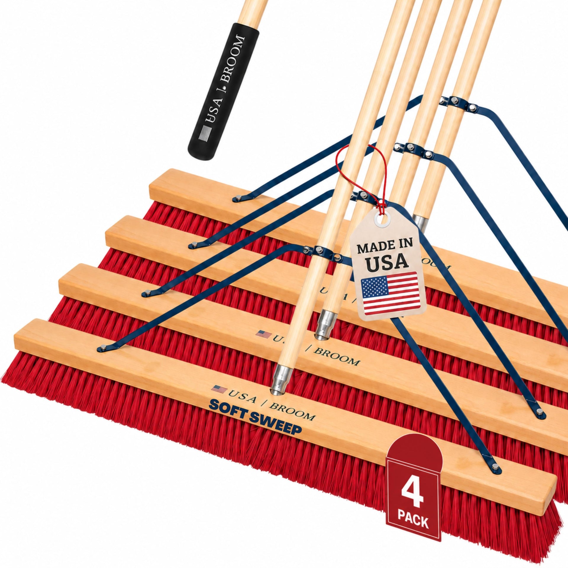 4-Pack - 36" Soft/Fine Sweep Indoor Push Broom with 60" Handle. Ideal for Epoxy & Polished Floors. Durable American Made Steel Brackets-All Stainless Steel Hardware. No Plastic. 100% USA Made