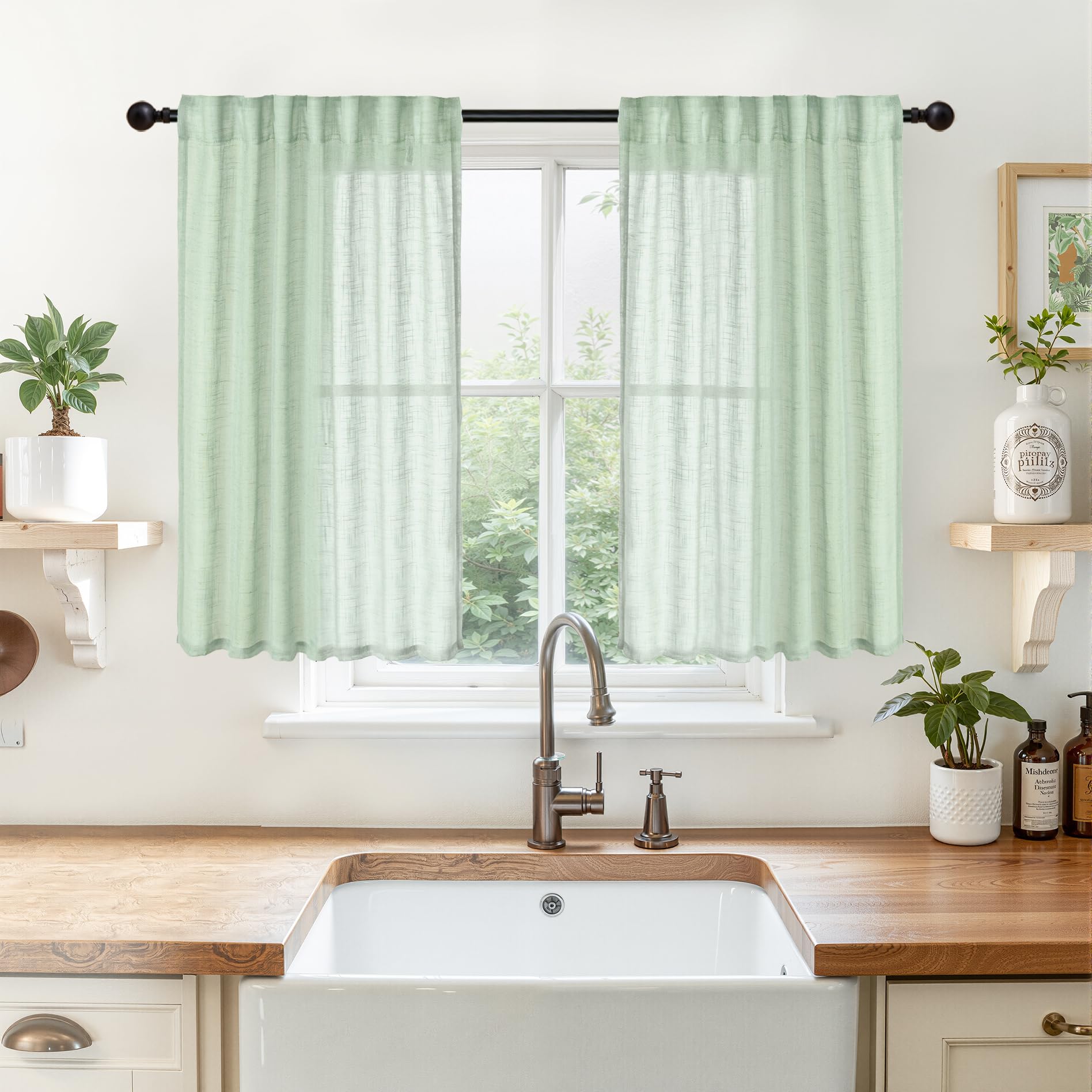 Light Green Linen Semi Sheer Curtains 40 Inch Length for Kitchen Window (2 Count)