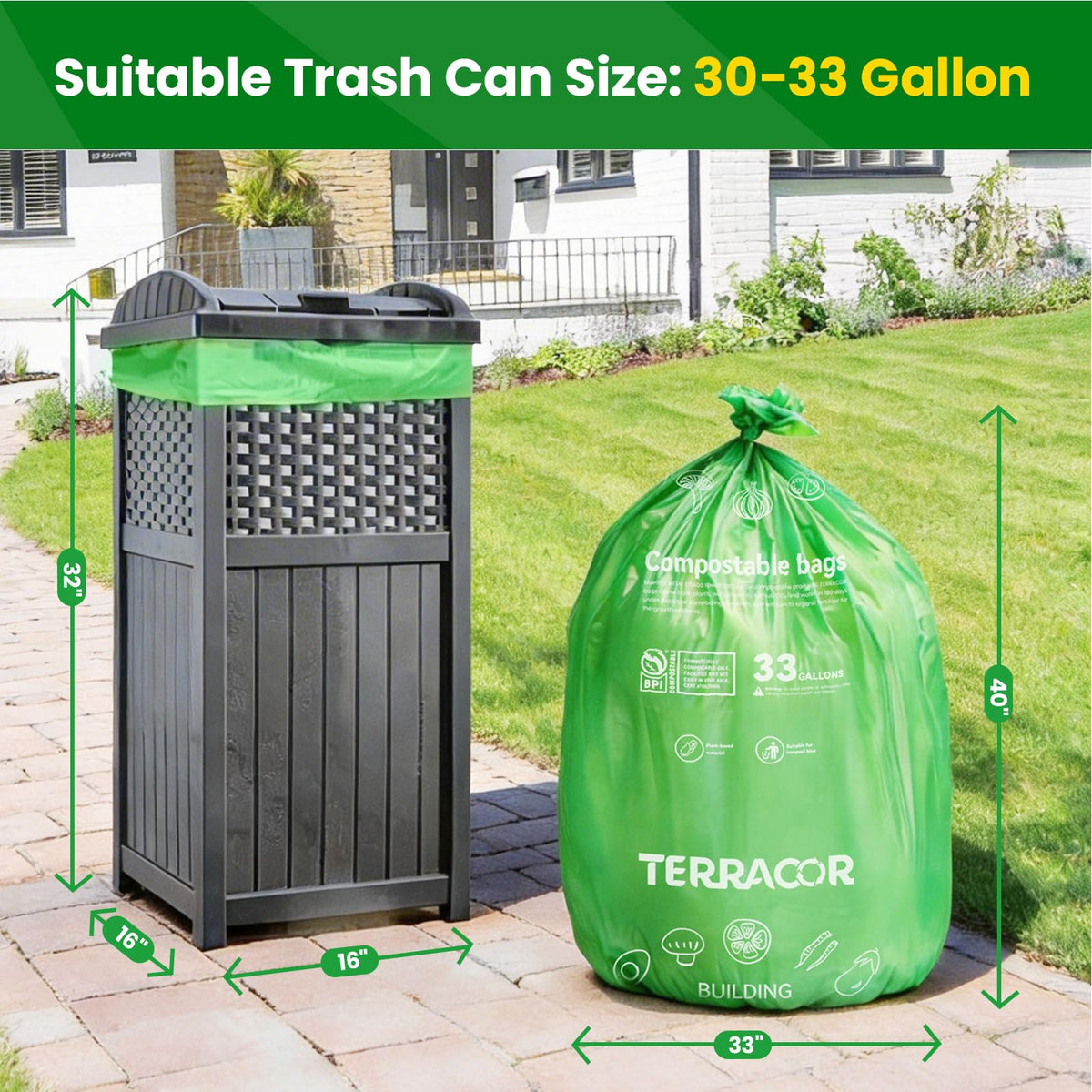 30 33 Gallon Compostable Trash Bags Liners Flat (30 Count)