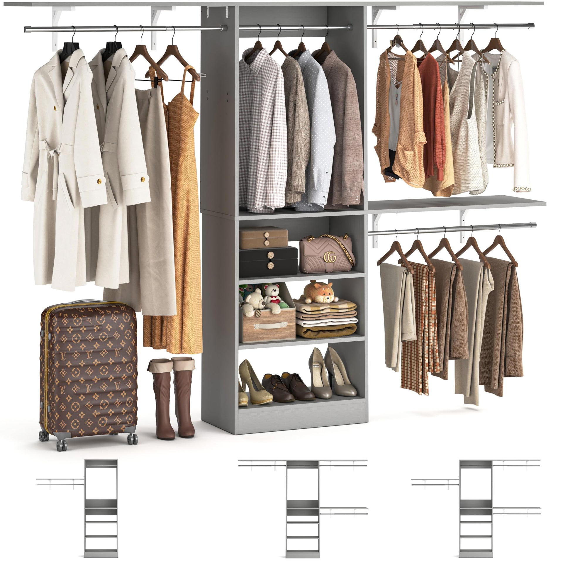 8FT Closet System with 3 Wooden Storage Shelves
