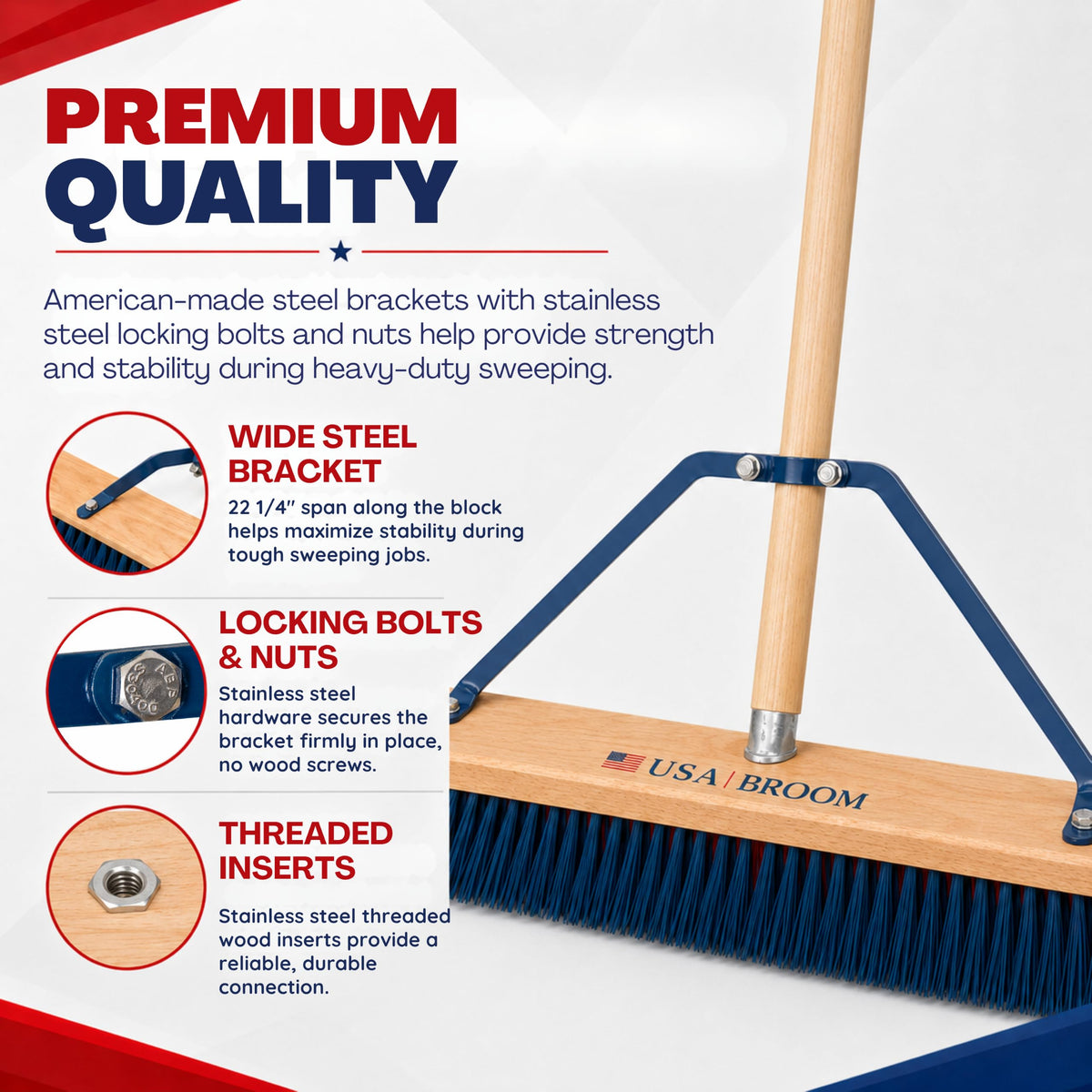 24" Heavy Duty Outdoor Push Broom with 60" Handle. Ideal for Asphalt