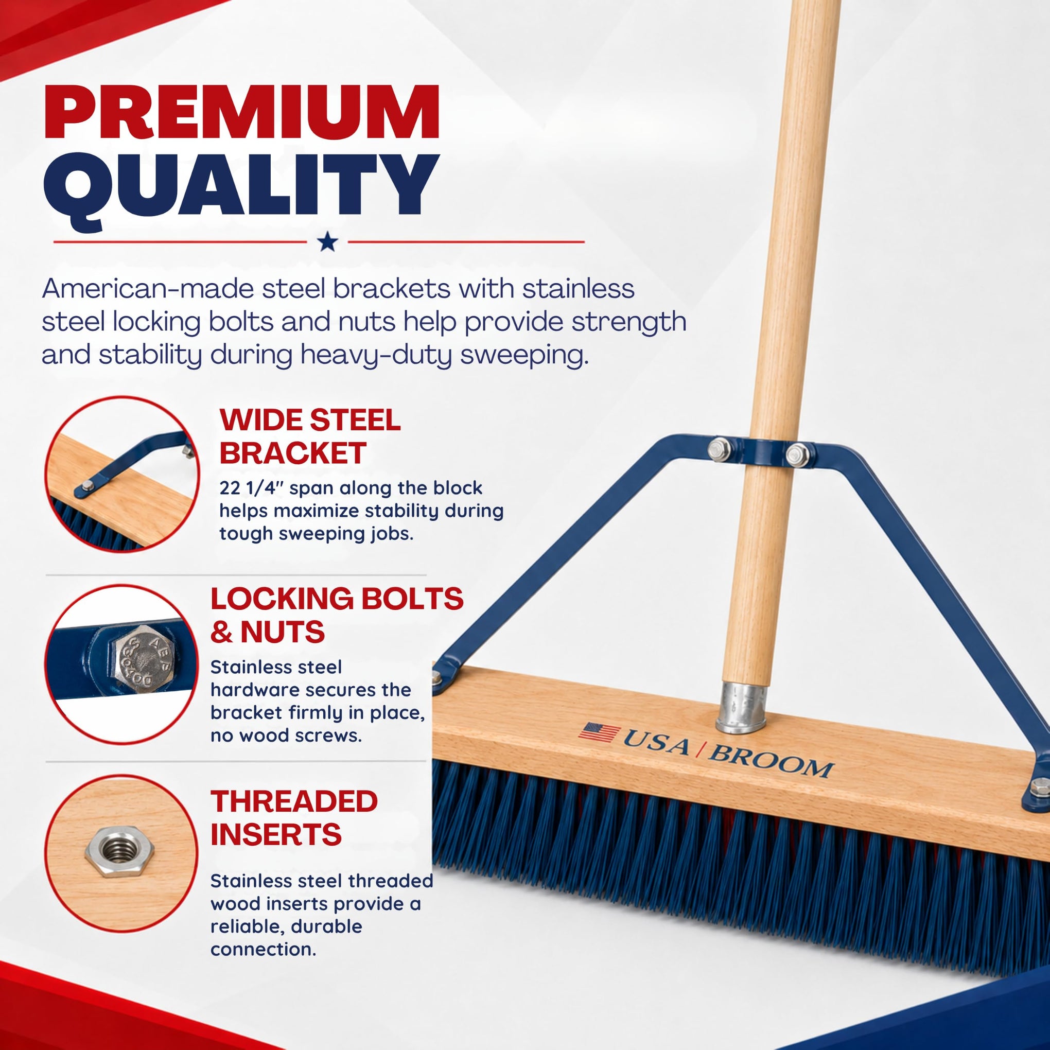 24" Heavy Duty Outdoor Push Broom with 60" Handle. Ideal for Asphalt