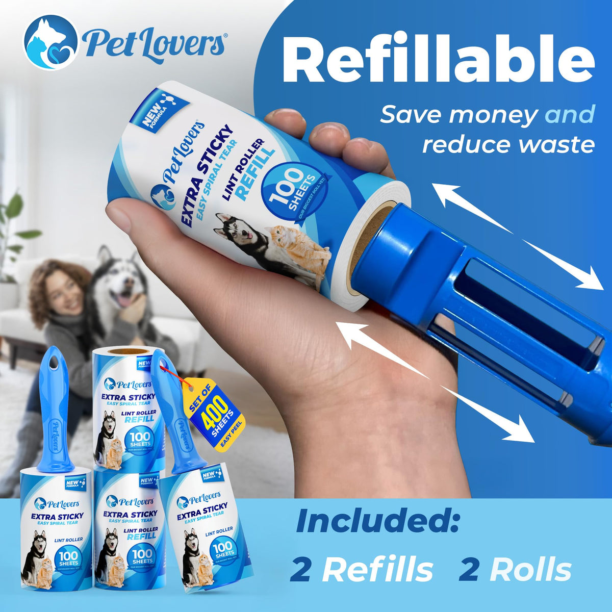 Extra Sticky Lint Roller Ultimate Value Set 400 Sheets for Pet Hair Removal