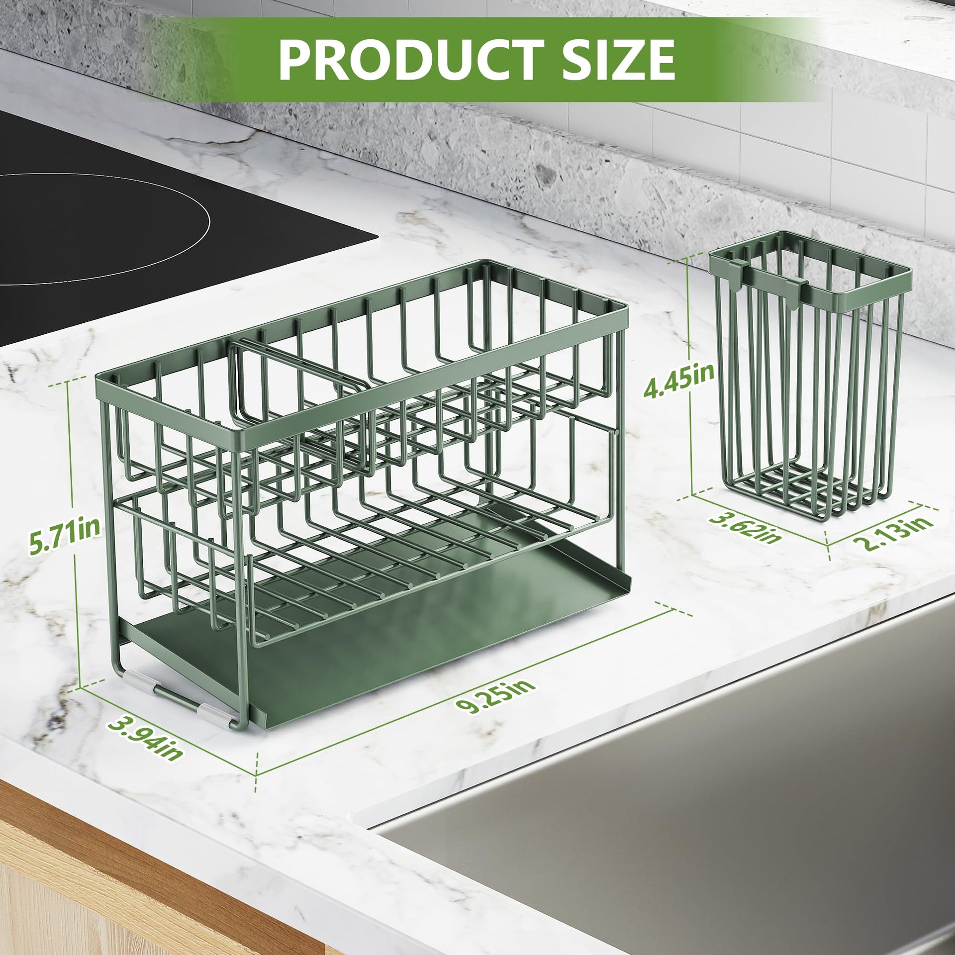 Sage Green 2 Tier Kitchen Sink Caddy Organzier Rack with Flexible Dish Brush Holder