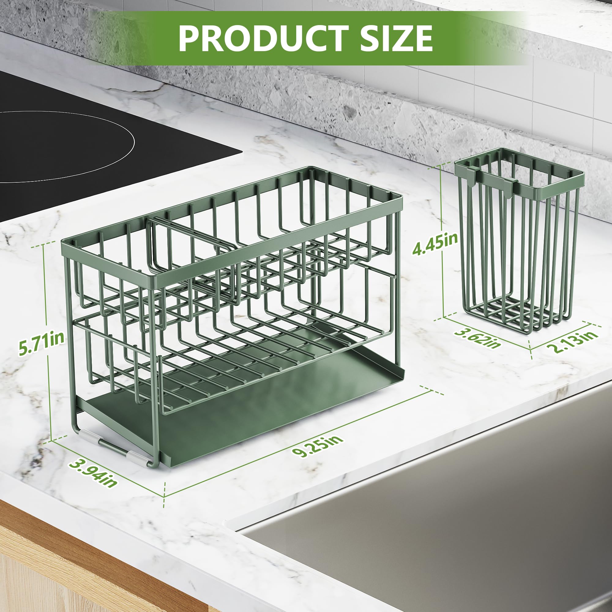 Sage Green 2 Tier Kitchen Sink Caddy Organzier Rack with Flexible Dish Brush Holder