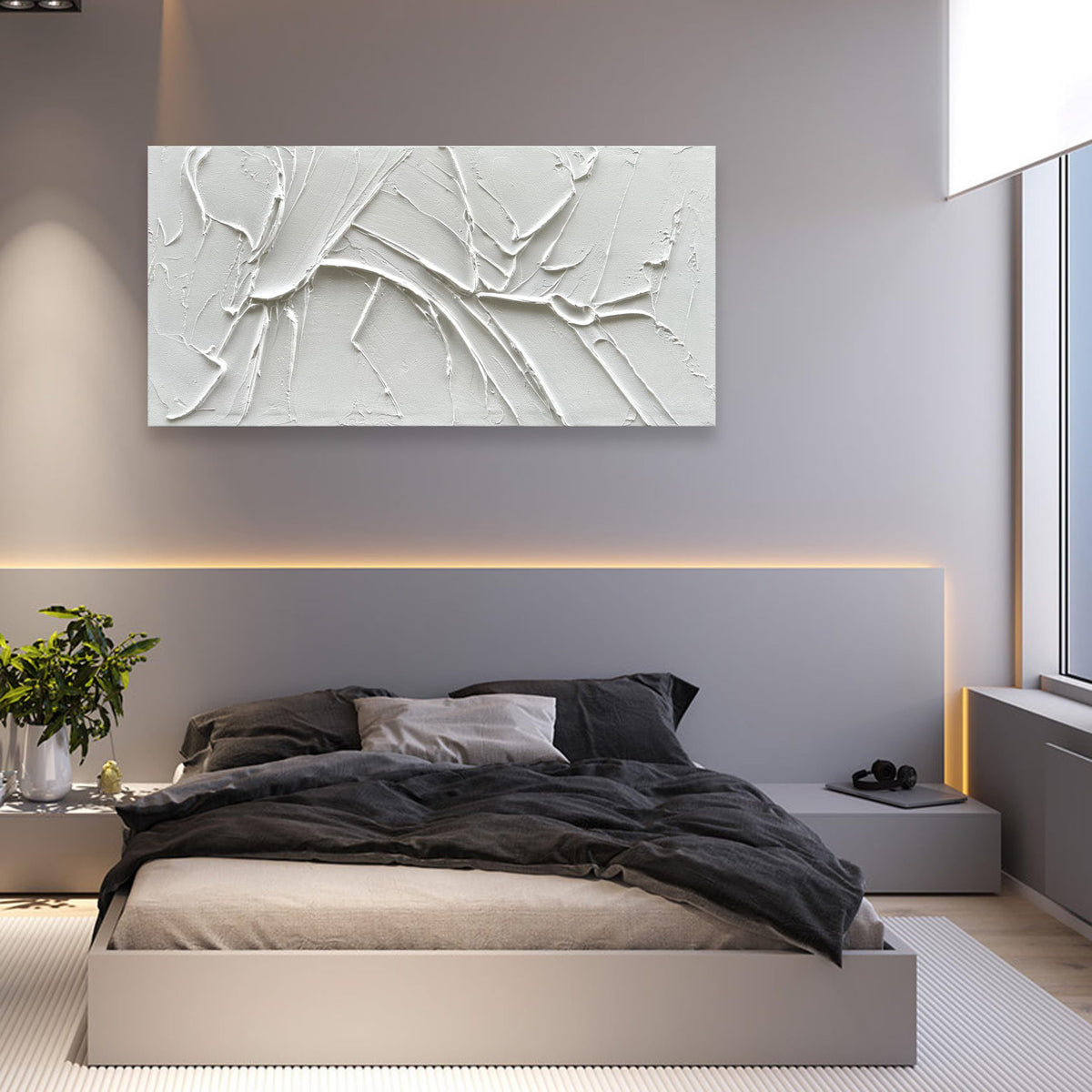 Hand Painted Thick Texture White Minimalist Oil Painting 30x60 Inch Large Contemporary Art Oil Painting