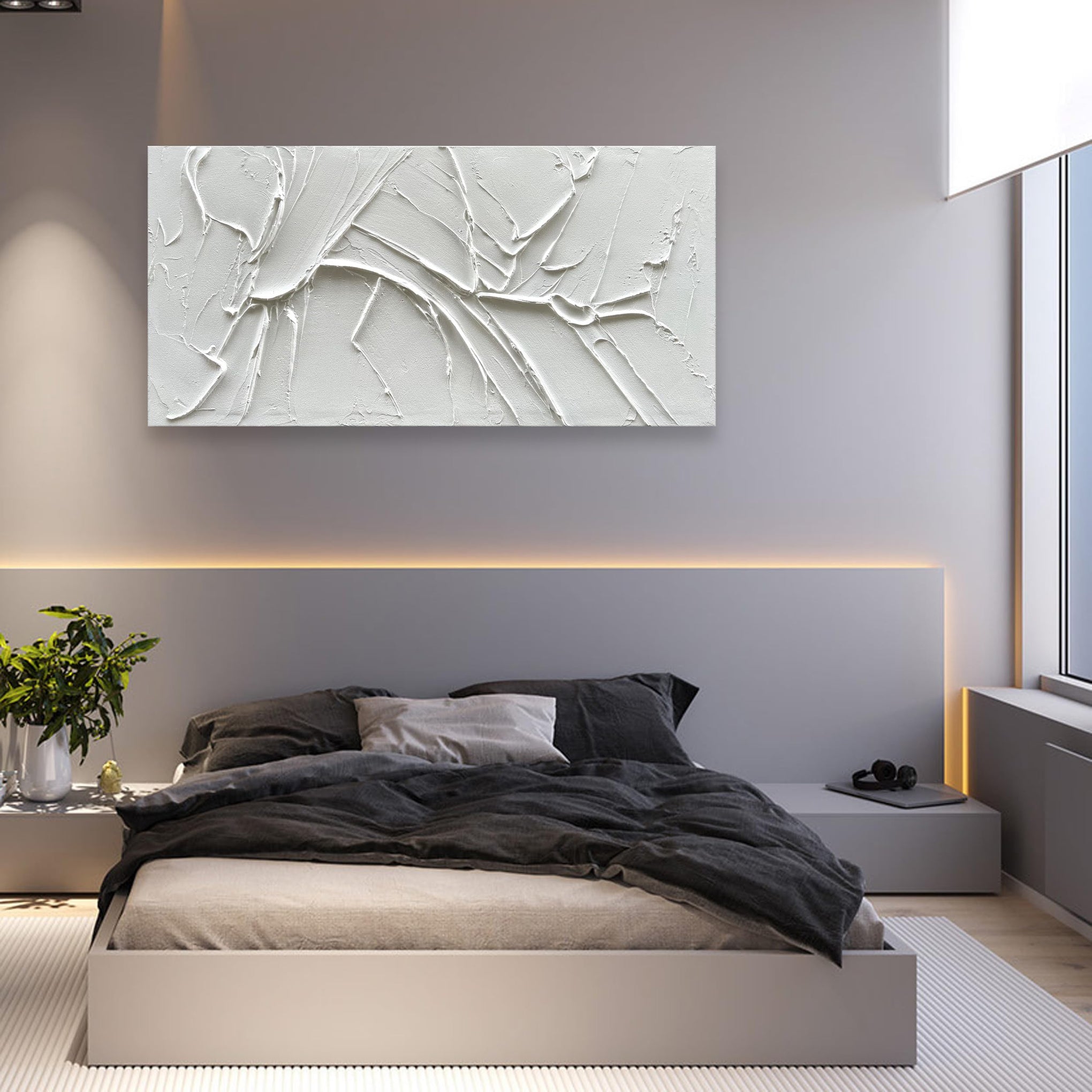 Hand Painted Thick Texture White Minimalist Oil Painting 30x60 Inch Large Contemporary Art Oil Painting