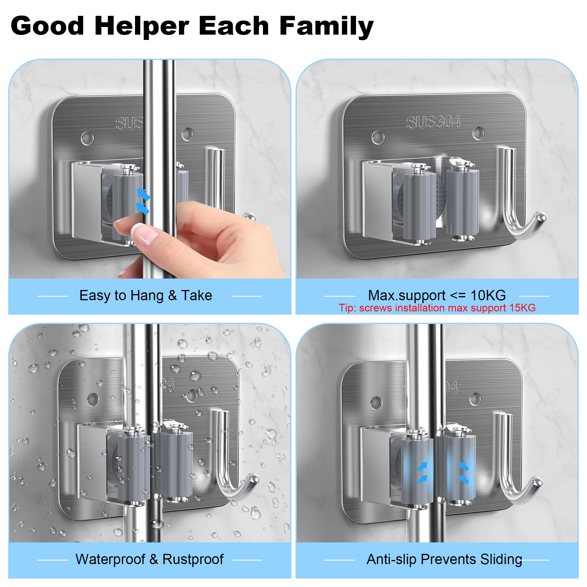4 Pack Stainless Steel Mop and Broom Holder Wall Mount with Hook (4 Count)