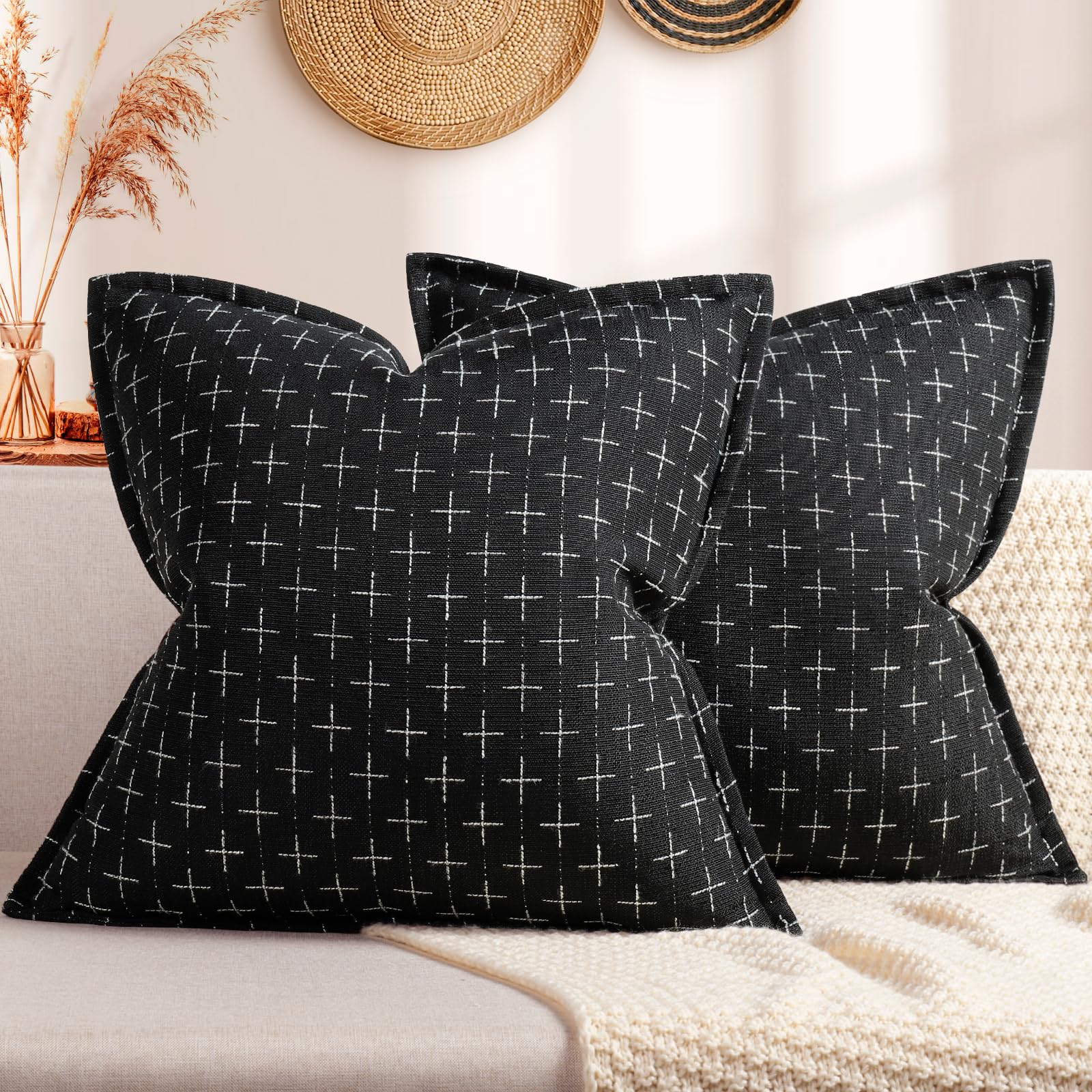 Pillow Covers 24x24 Set of 2 Soft Polyester Textured Pillow Covers with Stylish Flange Edge Cozy Farmhouse Throw Pillows for Couch Bed Sofa Living Room (2 Count)