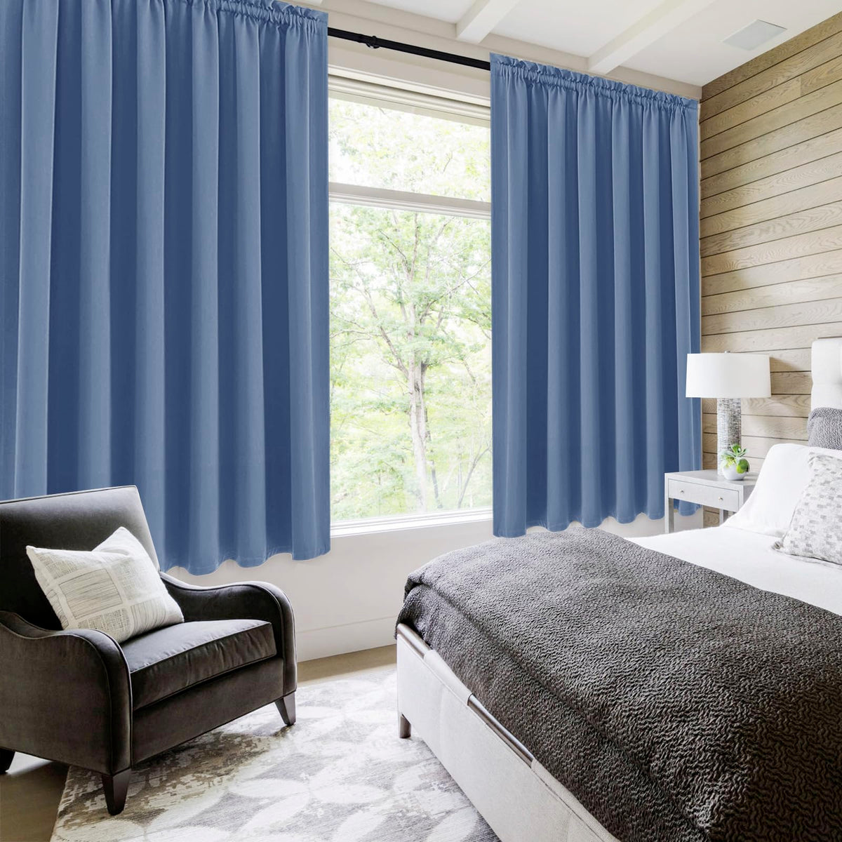 Wide Blackout Curtains for Bedroom 70 x 63 Inch Long Dusty Blue (2 Count)