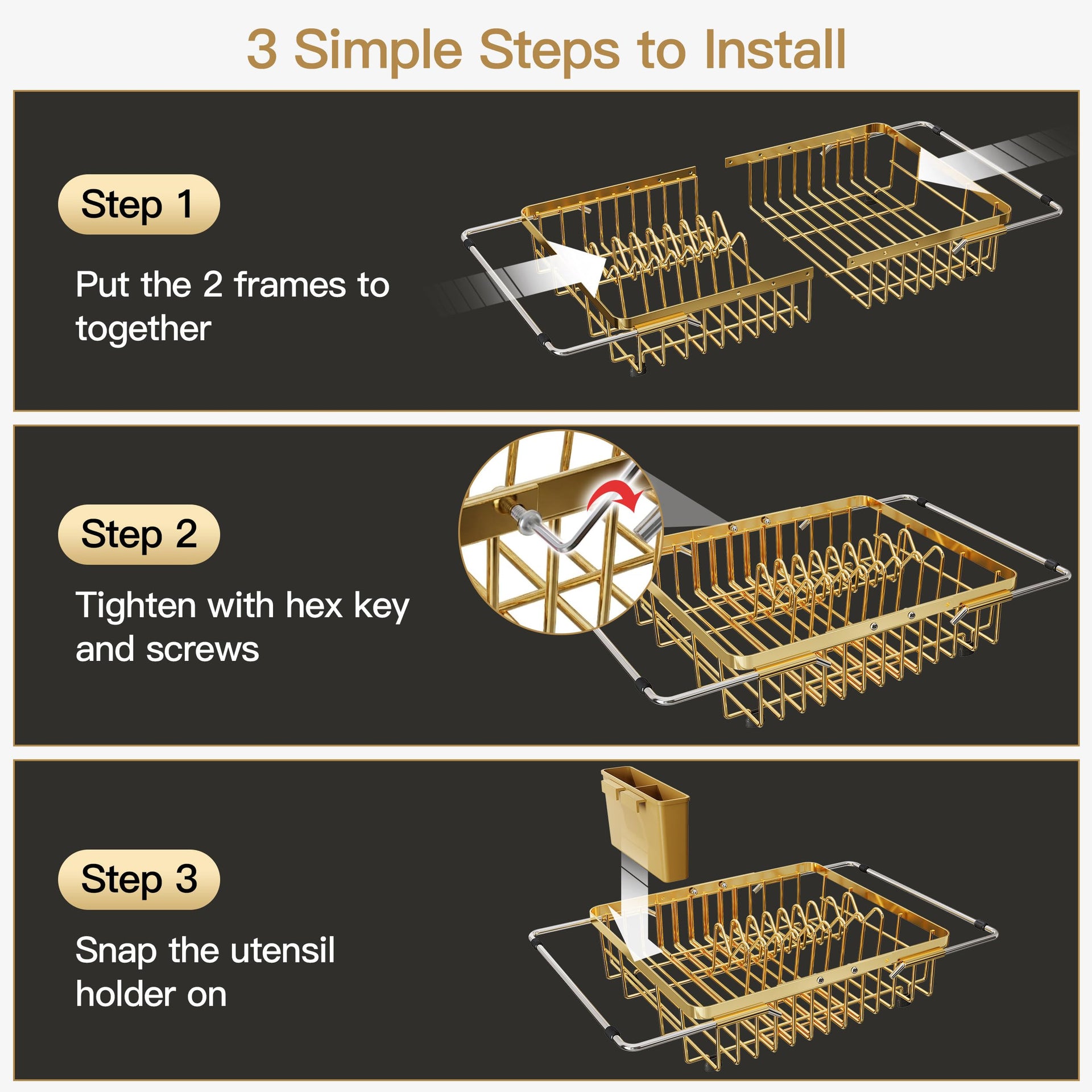 Gold Dish Drying Rack Over the Sink with Utensil Holder