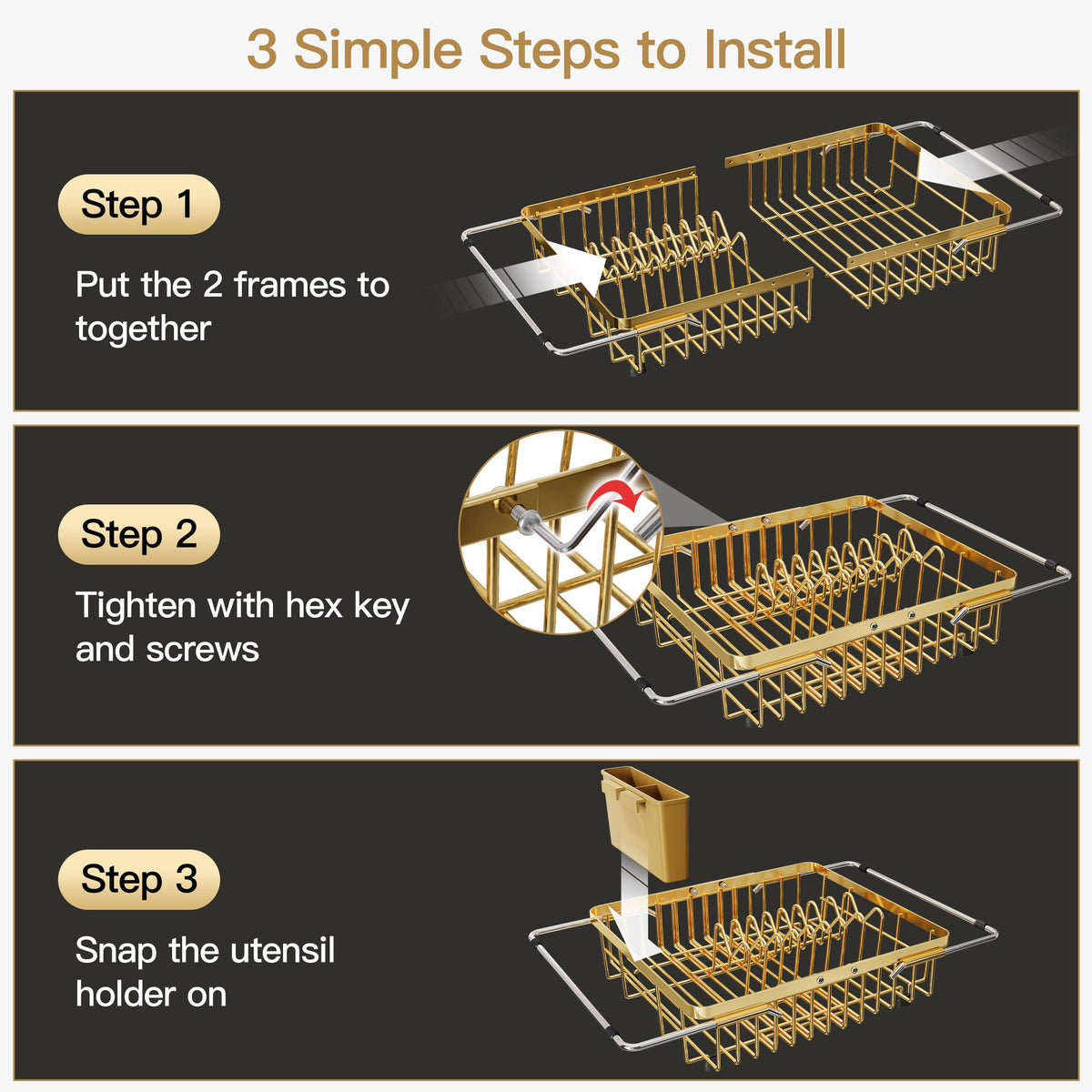 Gold Dish Drying Rack Over the Sink with Utensil Holder
