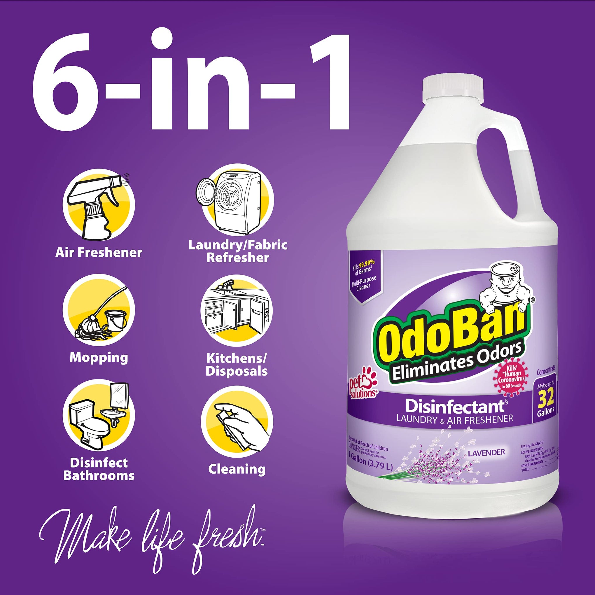Ready-to-Use Disinfectant and Harsh Aroma Eliminator, Set of 2, 14.6 Ounce 360-Degree Continuous Spray Fabric/Air Freshener and 1 Gallon Multi-Purpose Cleaning Concentrate, Lavender Scent (142.6 Fl Oz)