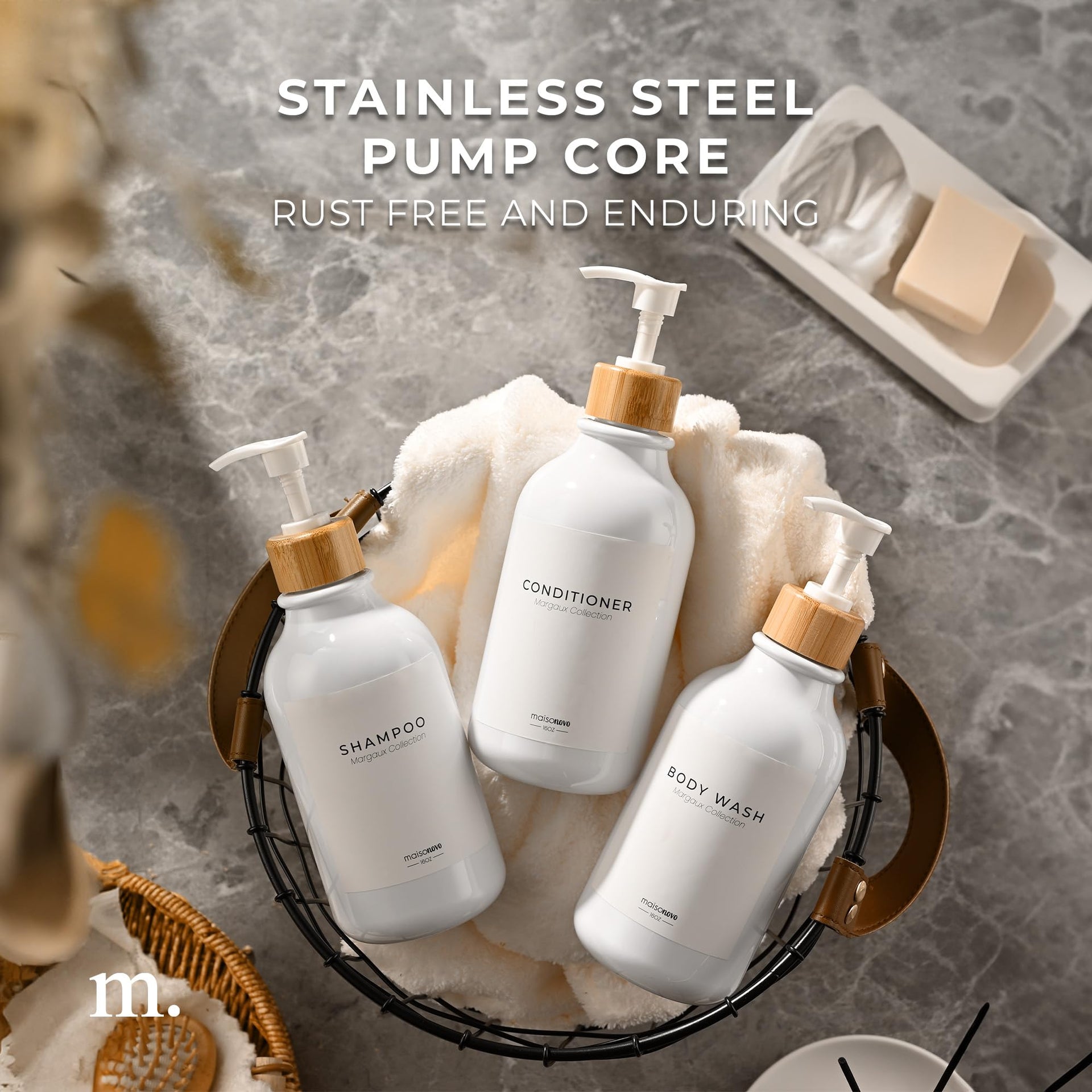 Shampoo and Conditioner Bottles Set of 3 White Bamboo (3 Count)