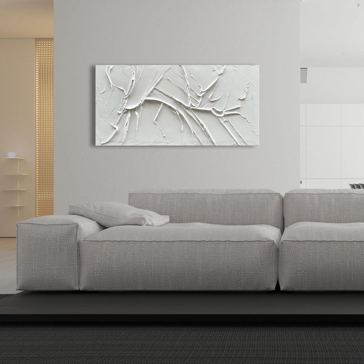 Hand Painted Thick Texture White Minimalist Oil Painting 24x48 Inches Contemporary Abstract Art Oil Painting