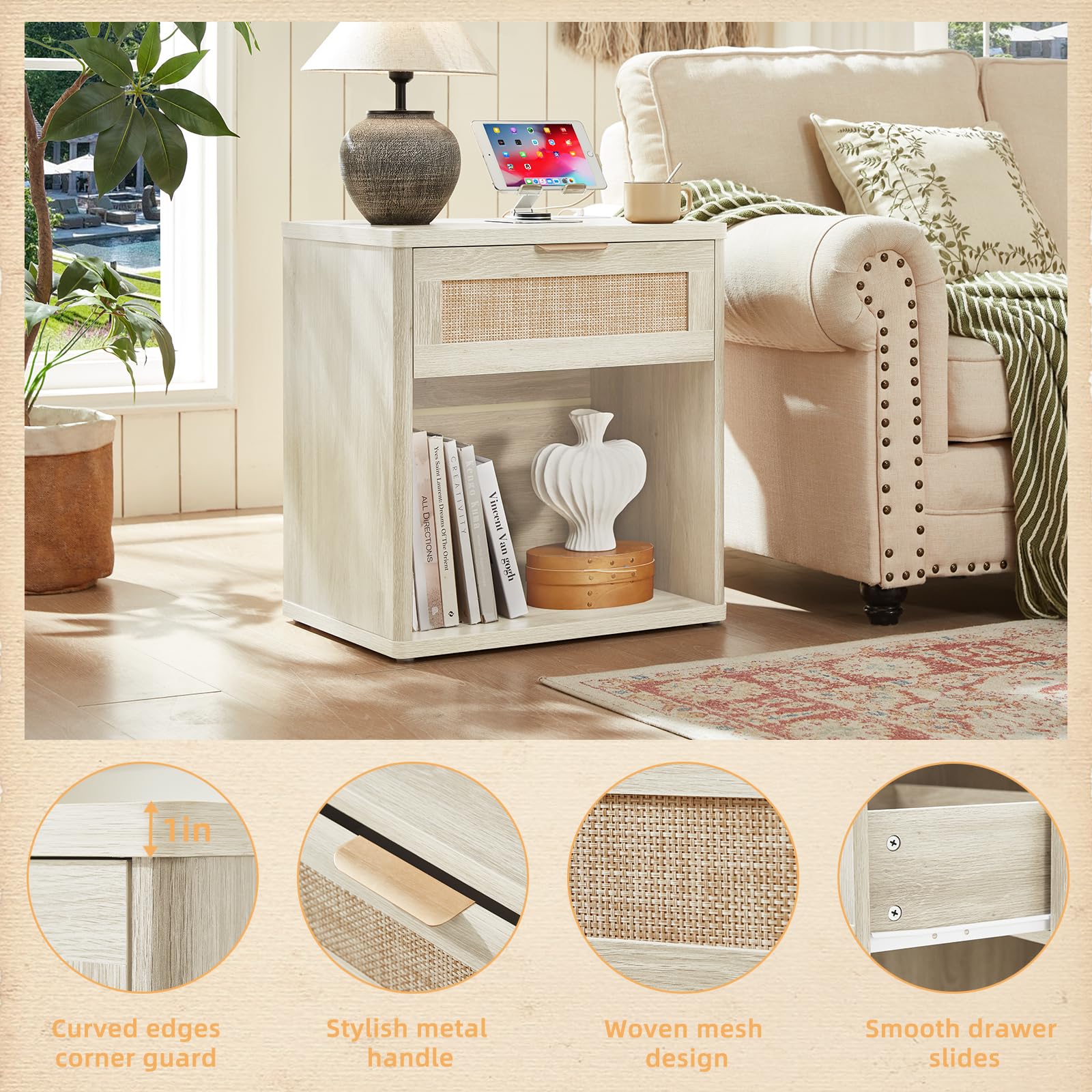 Rattan Nightstands Set of 2 with Charging Station (2 Count)