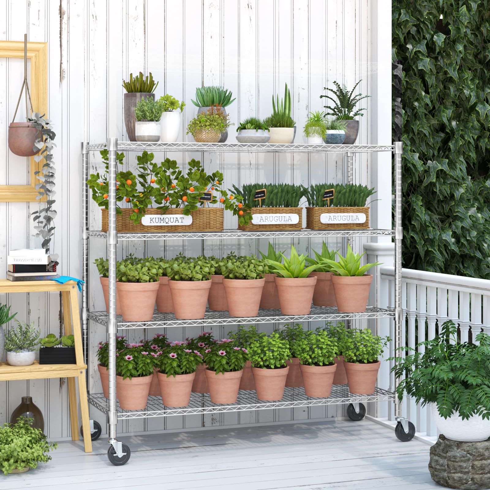 72" H Storage Shelves 4 Tier Metal Shelving Adjustable Wire Shelf with Wheels