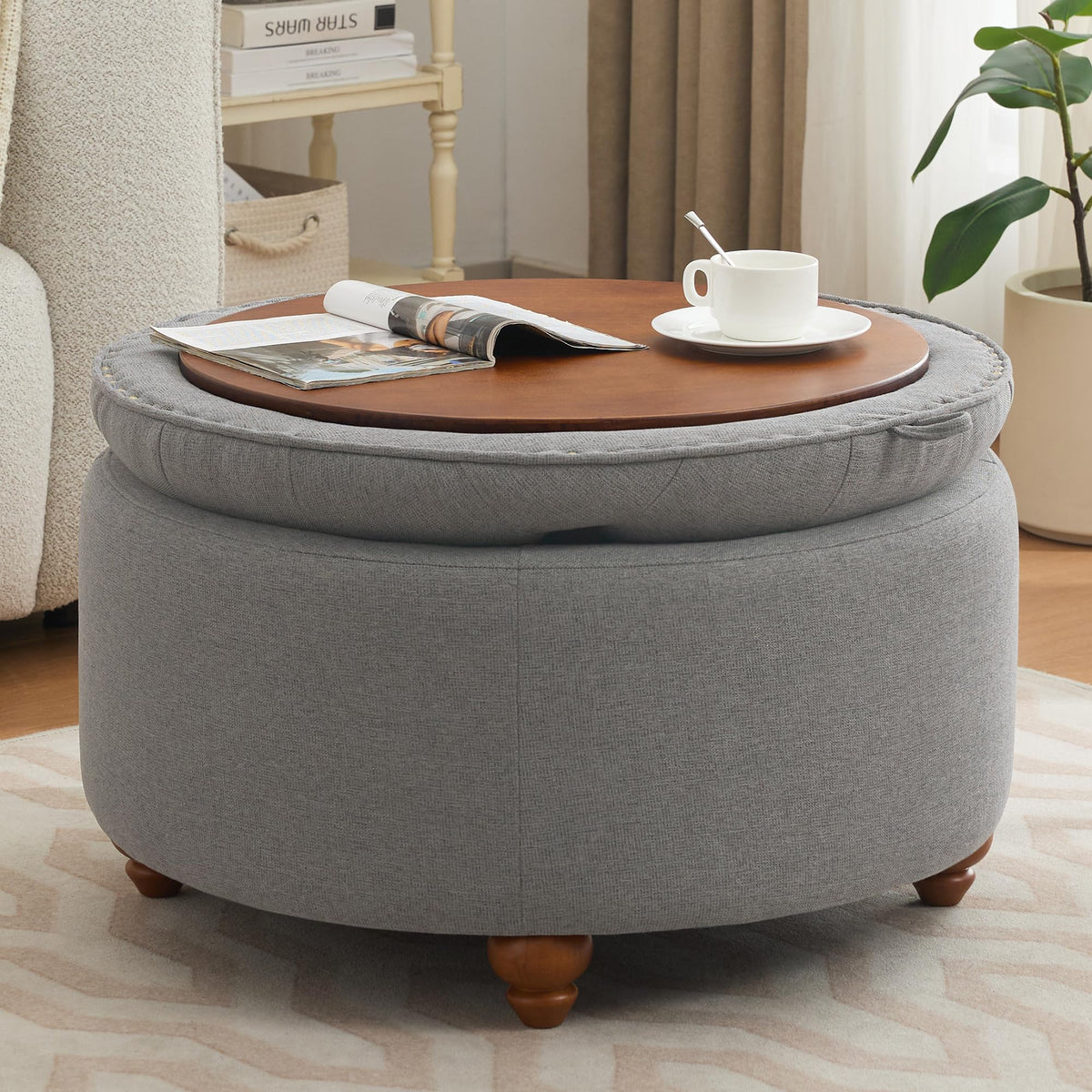 30Inch Round Storage Ottoman with Tray