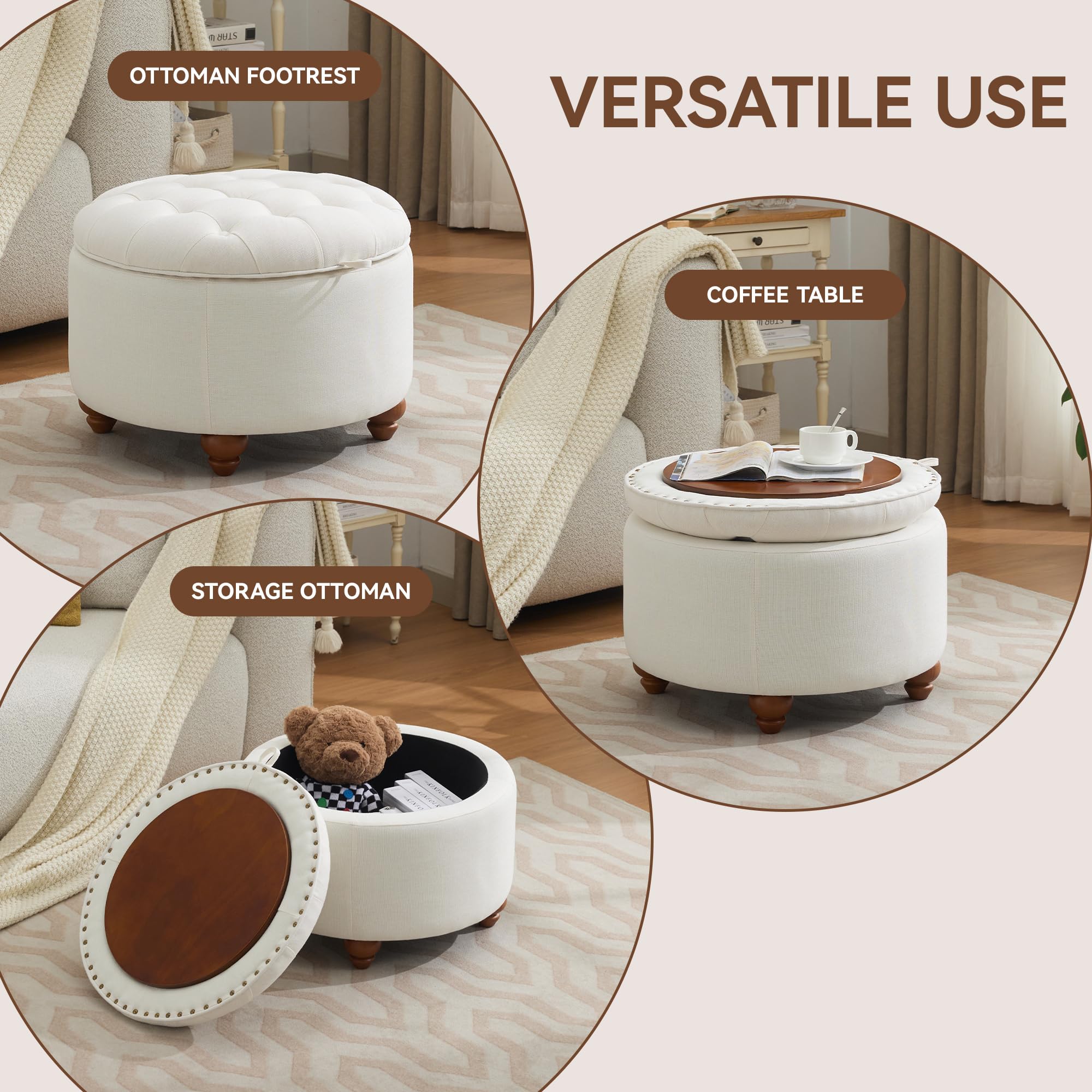 24Inch Round Storage Ottoman with Tray