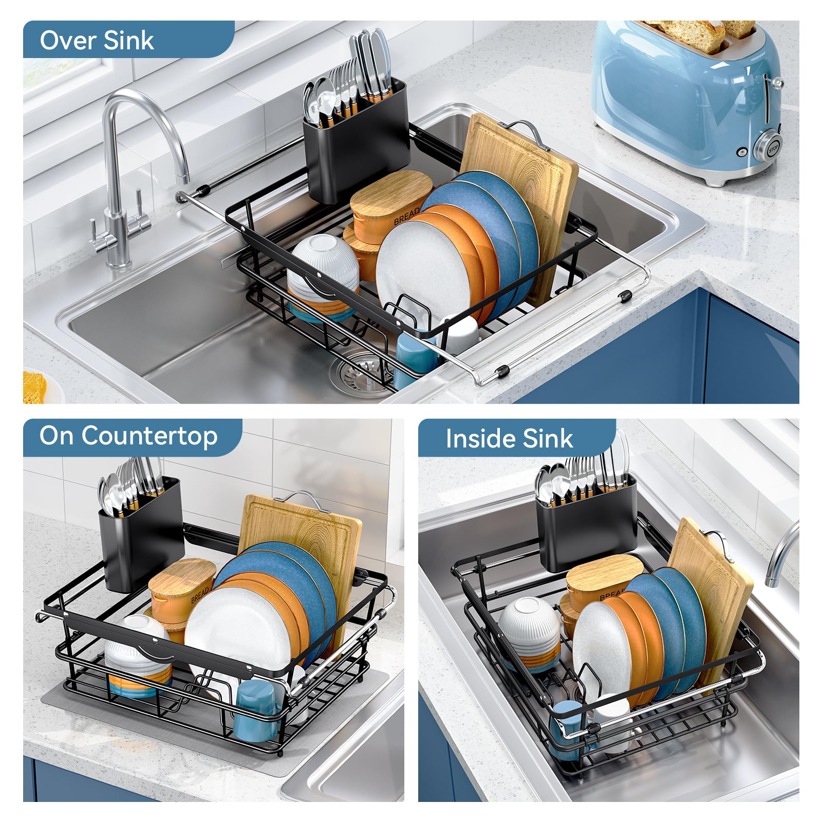 Dish Drying Rack in Sink with Utensil Holder