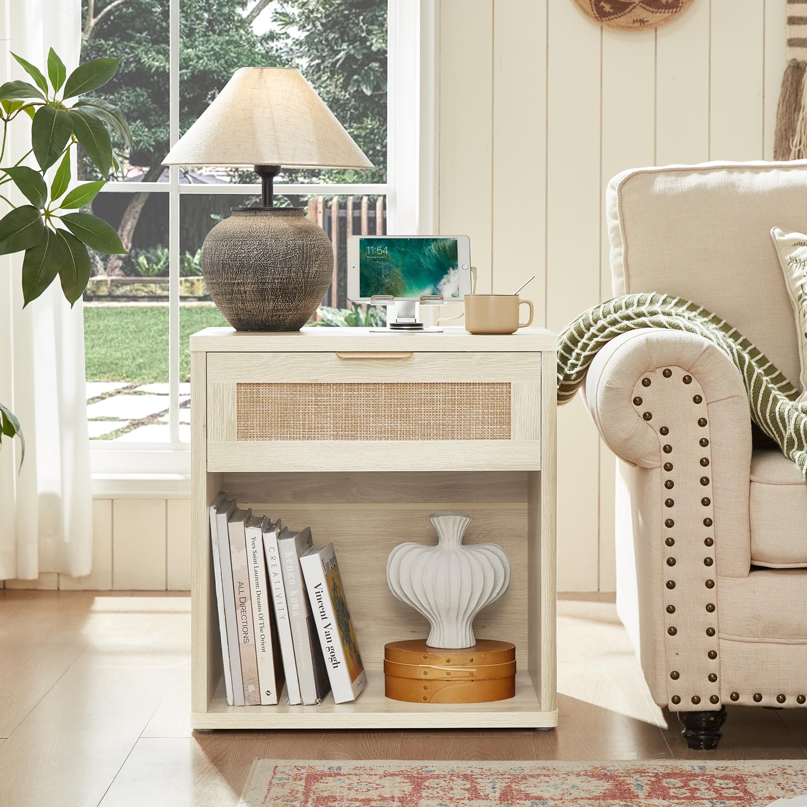 Rattan Nightstands Set of 2 with Charging Station (2 Count)