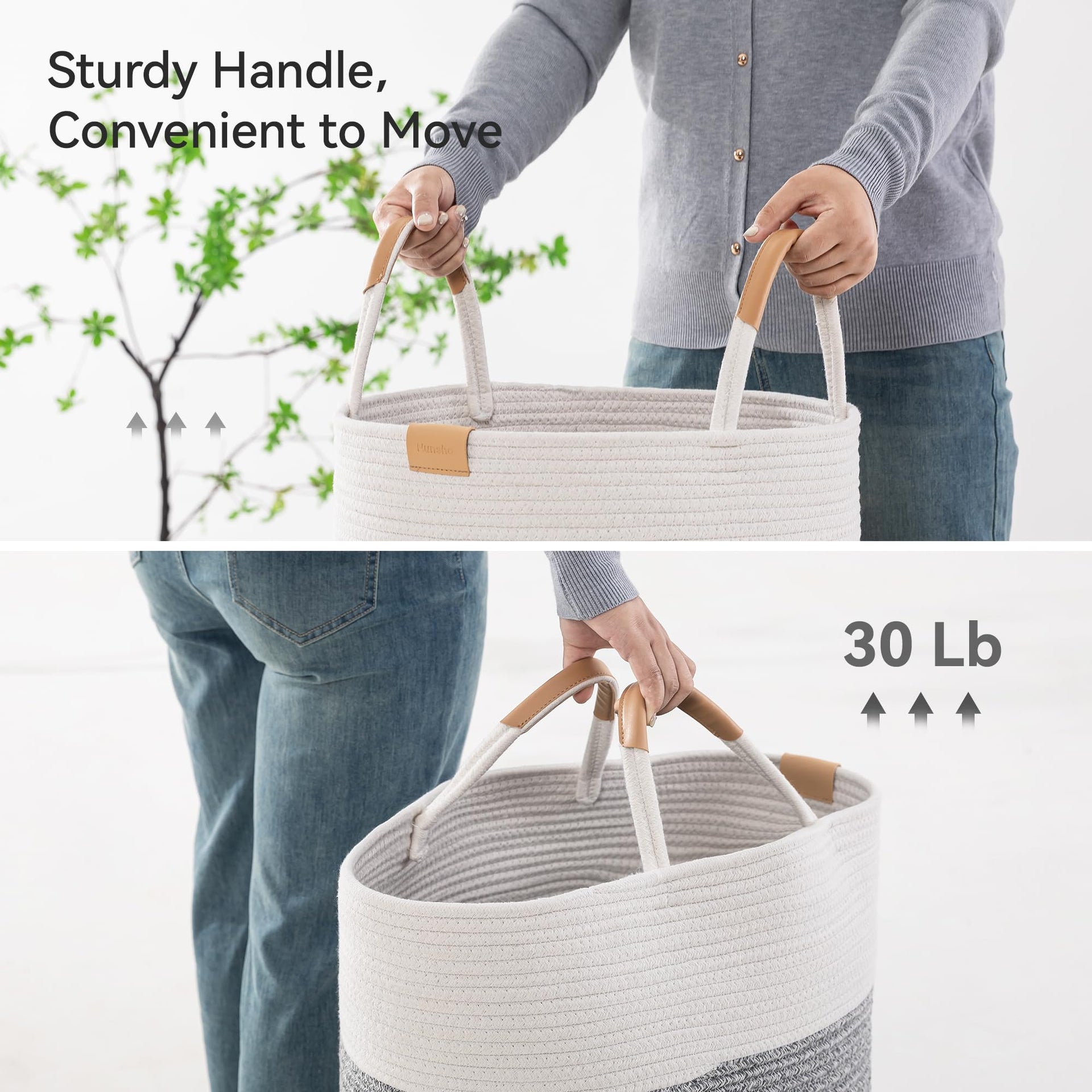 95L Striped Laundry Hamper with Leather Handles
