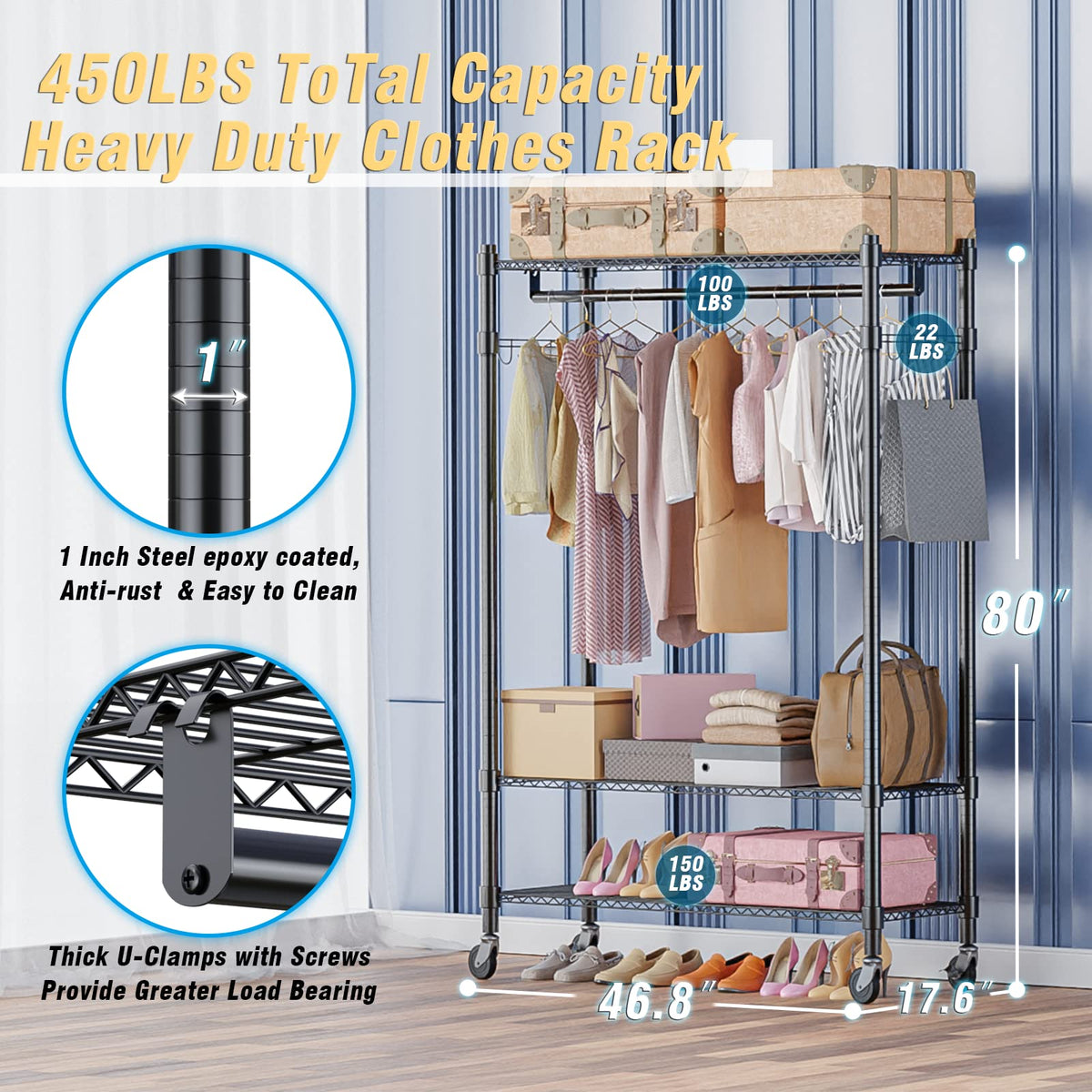 Rolling Garment Rack with Double Rod