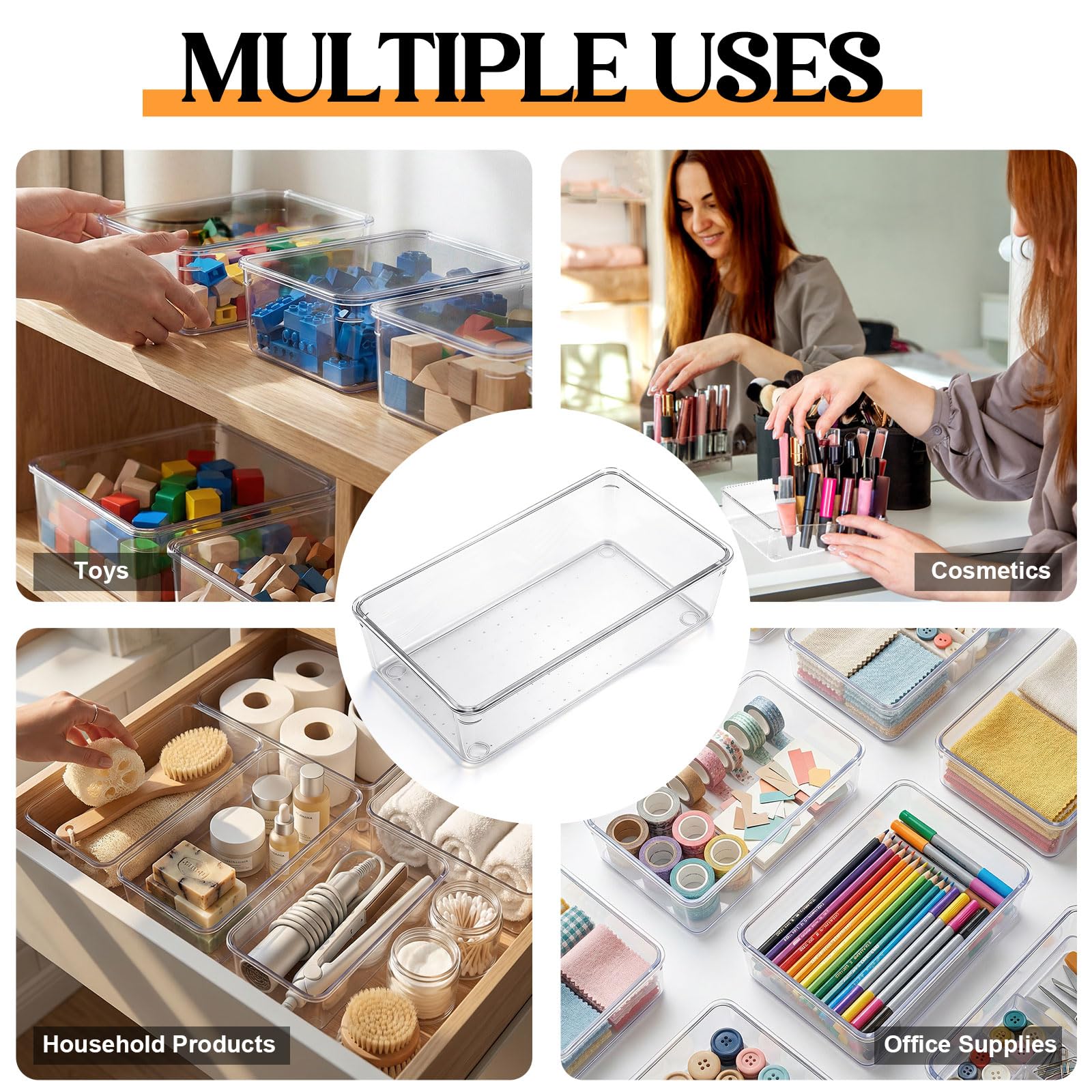 12 Pcs Clear Drawer Organizer 9 x 6 x 2 Inches Plastic Rectangle Trays Makeup Vanity Storage Bins and Kitchen Drawers Dividers for Office Desk Silverware Kitchen Utensils (12 Count)