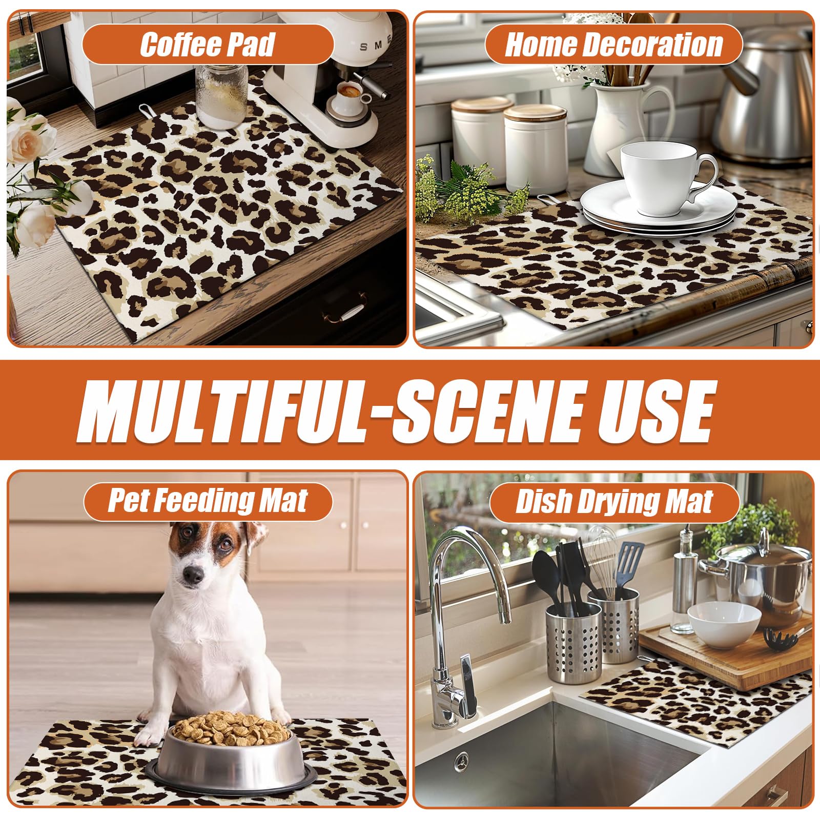 Brown Leopard Dish Drying Mat for Kitchen Counter Microfiber Absorbent Dish Kitchen Drying Mat Draining Reusable Washable for Dishes