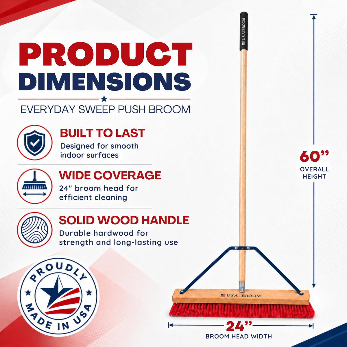 4-Pack - 24" Red Everyday Sweep Indoor/Outdoor Push Broom with 60" Handle. Ideal for Garages & Shops. Durable American Made Steel Brackets-All Stainless Steel Hardware. No Plastic. 100% USA Made