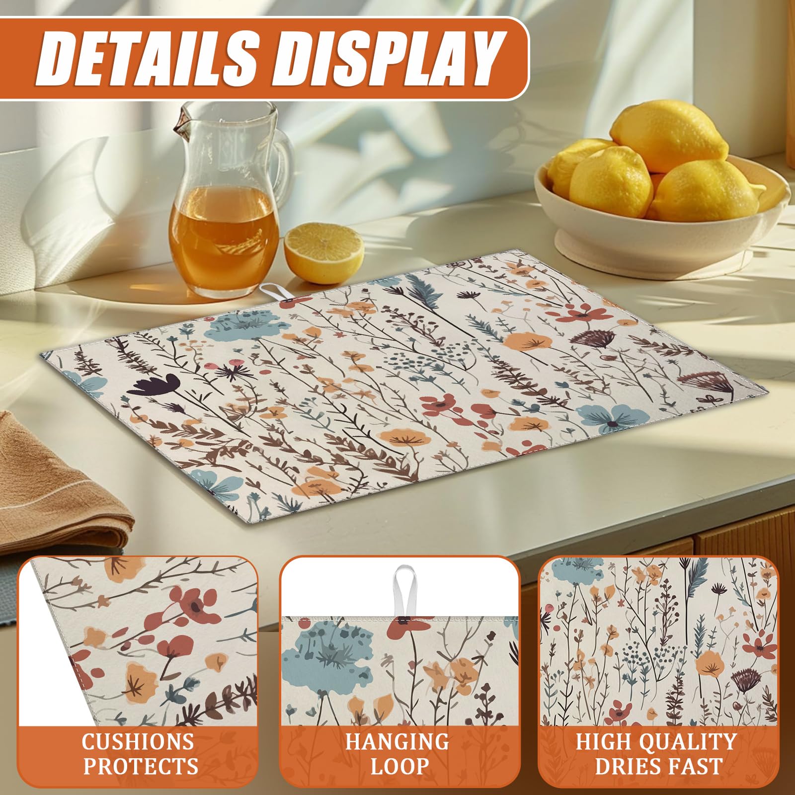 Vintage Floral Dish Drying Mat for Kitchen Counter Microfiber Absorbent Dish Kitchen Drying Mat Draining Reusable Washable for Dishes