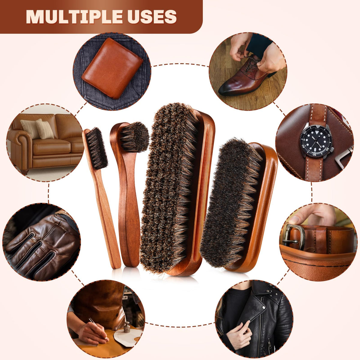 4 Pcs Horsehair Shine Shoes Brush Kit Polish Dauber Applicators Cleaning Leather Shoes Boots Care Brushes Suede Cleaner Brush with Microfiber Shoe Cloth (2.75 Count)