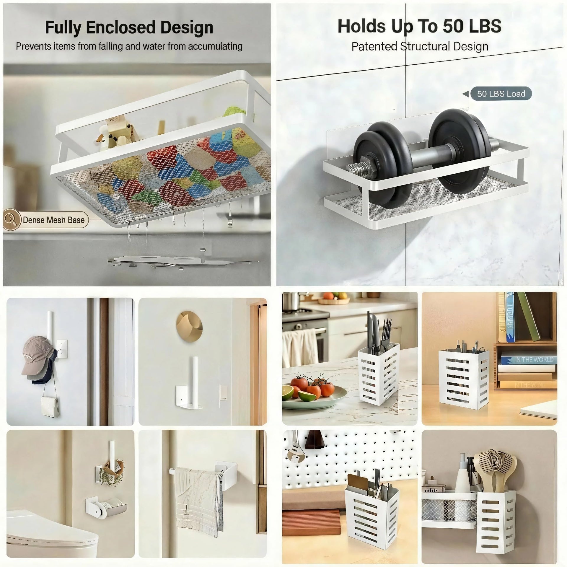 5-in-1 Shower Caddy & Kitchen Organizer Set, Wall Mount Wide Spice Rack with Paper Towel Holder, Utensil Holder, Soap Dish, Rustproof Mesh Baskets Hold 50LBS - Silver Gray, Guardrail