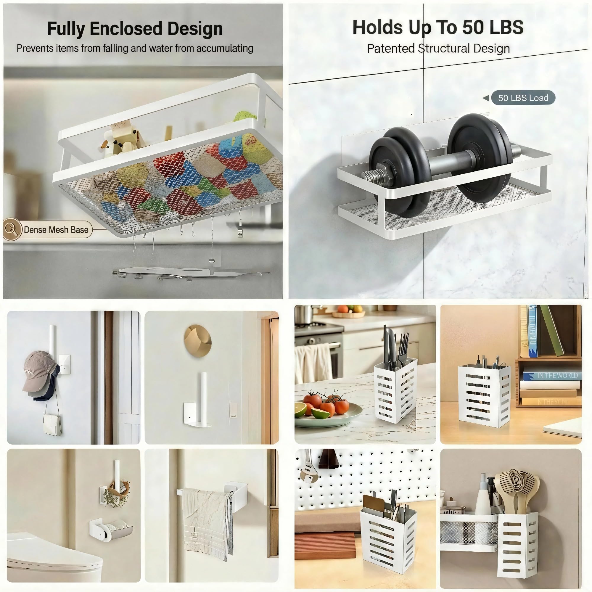5-in-1 Shower Caddy & Kitchen Organizer Set, Wall Mount Wide Spice Rack with Paper Towel Holder, Utensil Holder, Soap Dish, Rustproof Mesh Baskets Hold 50LBS - Silver Gray, Guardrail