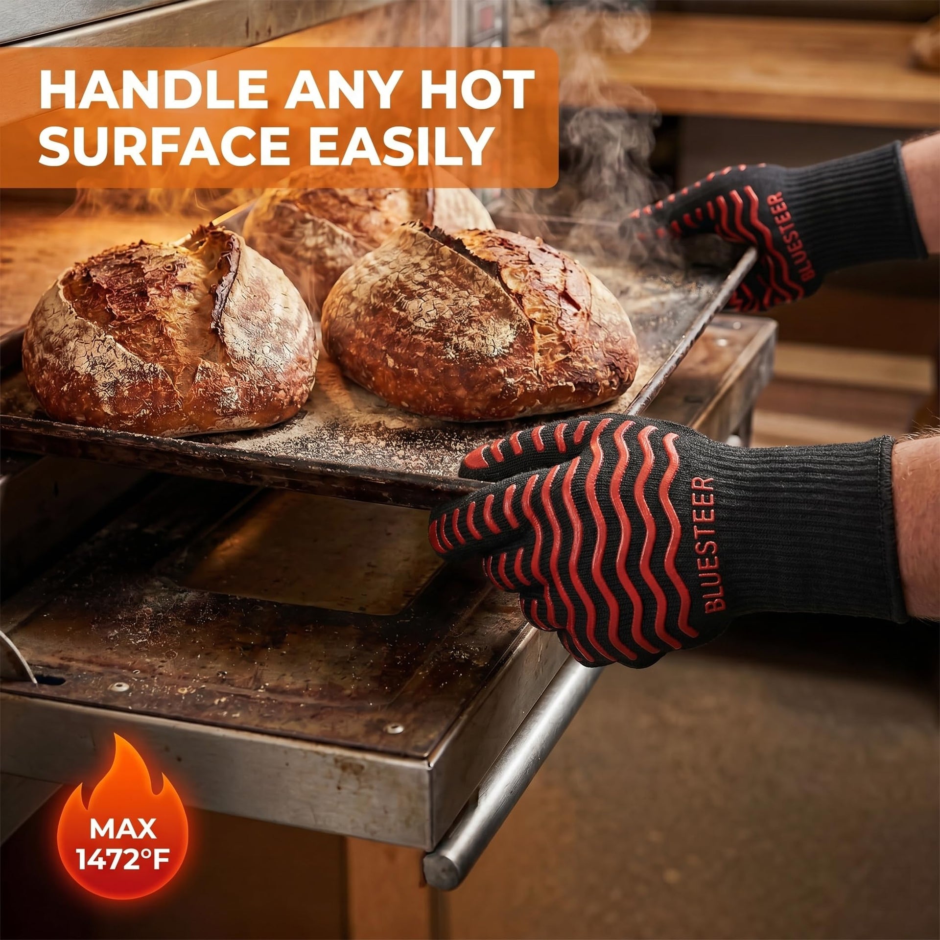 BBQ Gloves 1472°F Heat Resistant Oven Gloves with Fingers Heat Proof Grill Gloves Non (9.6 Ounce)