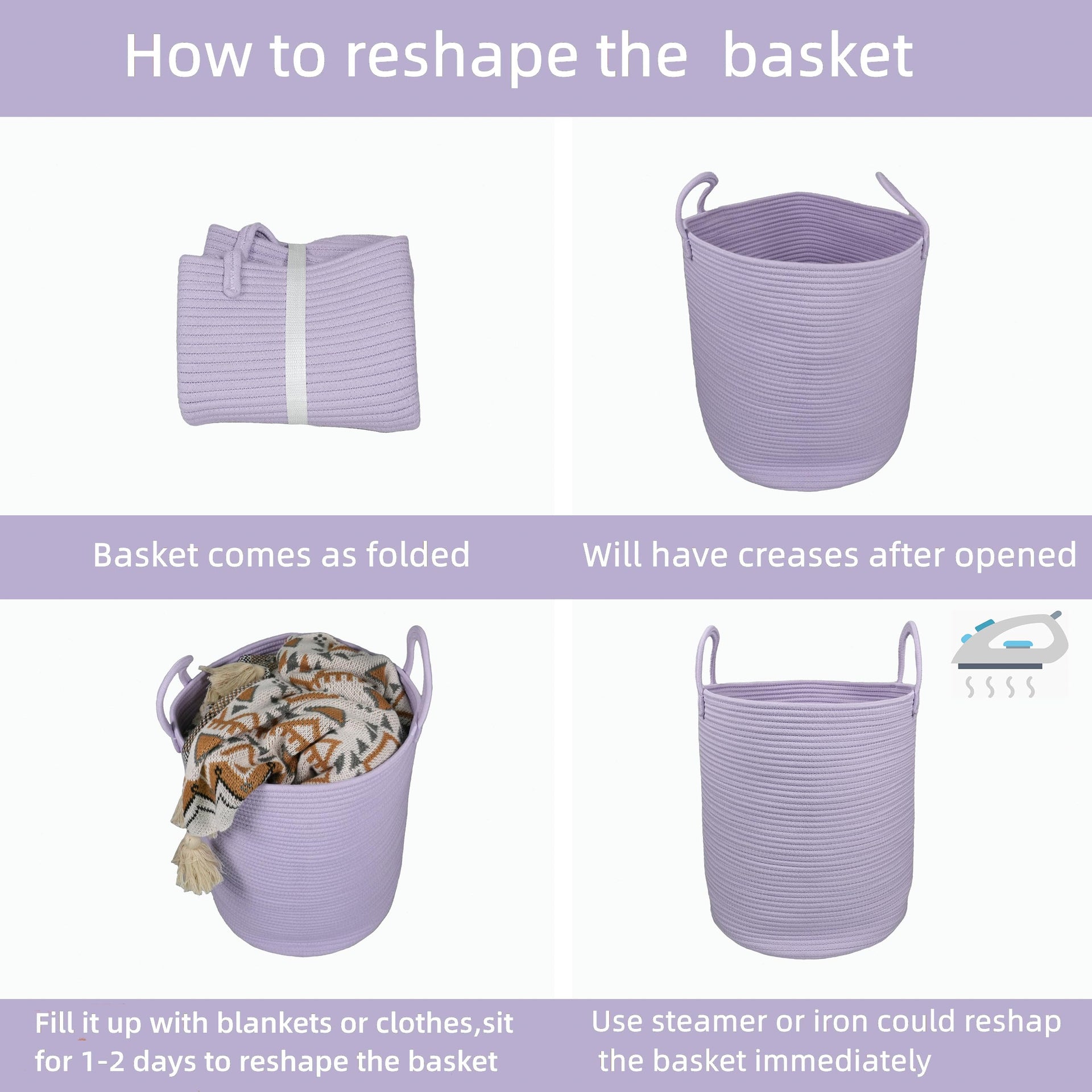 Rope Laundry Basket Hamper for Clothes Large Purple Lavender