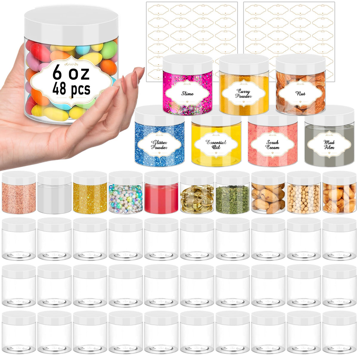 6 OZ Plastic Jars with White Lids (48 Count)