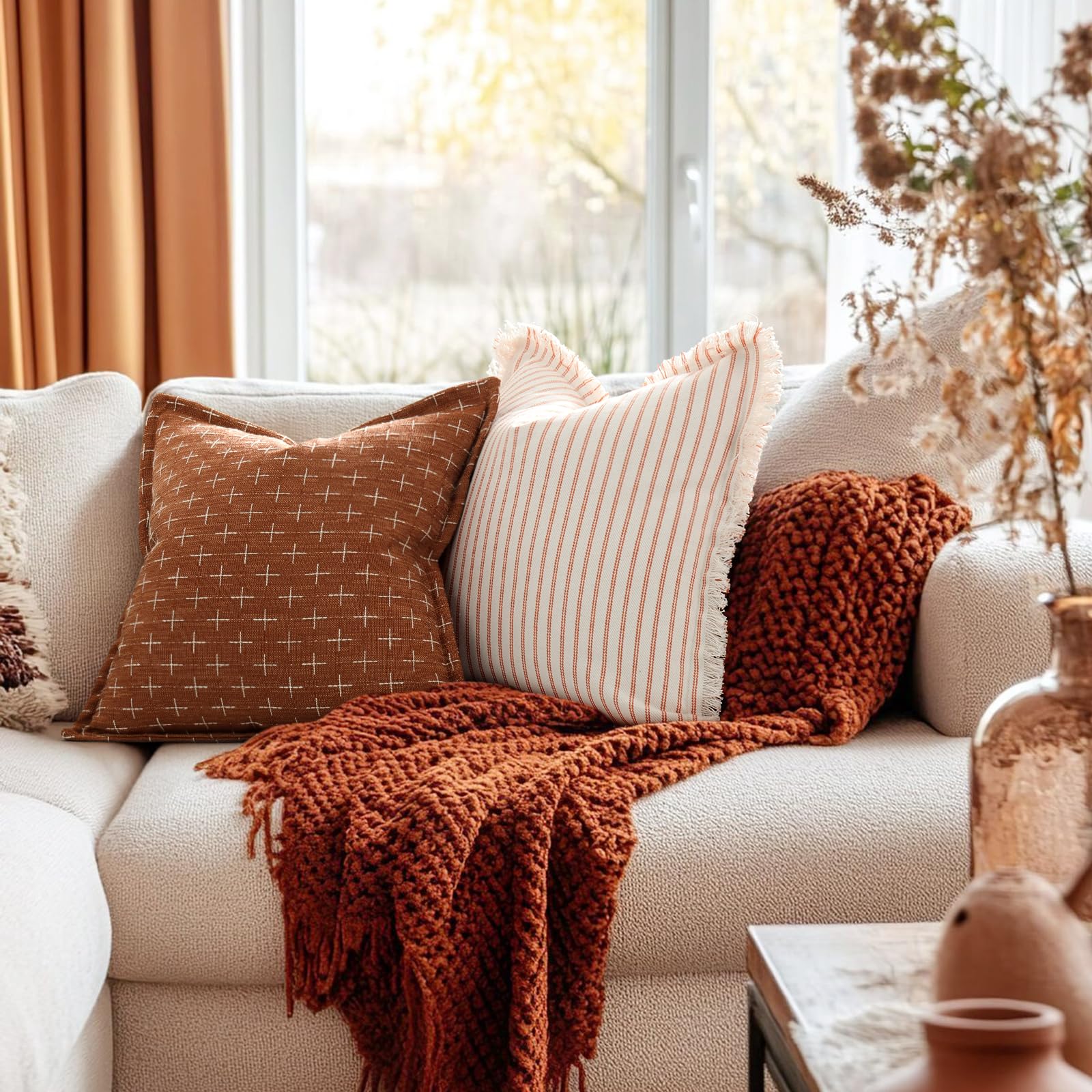 Fall Throw Pillow Covers 26x26 Set of 2 Soft Polyester Textured Rust Pillow Covers with Stylish Flange Edge Cozy Farmhouse Throw Pillows for Couch Bed Sofa Living Room Fall Decor (2 Count)