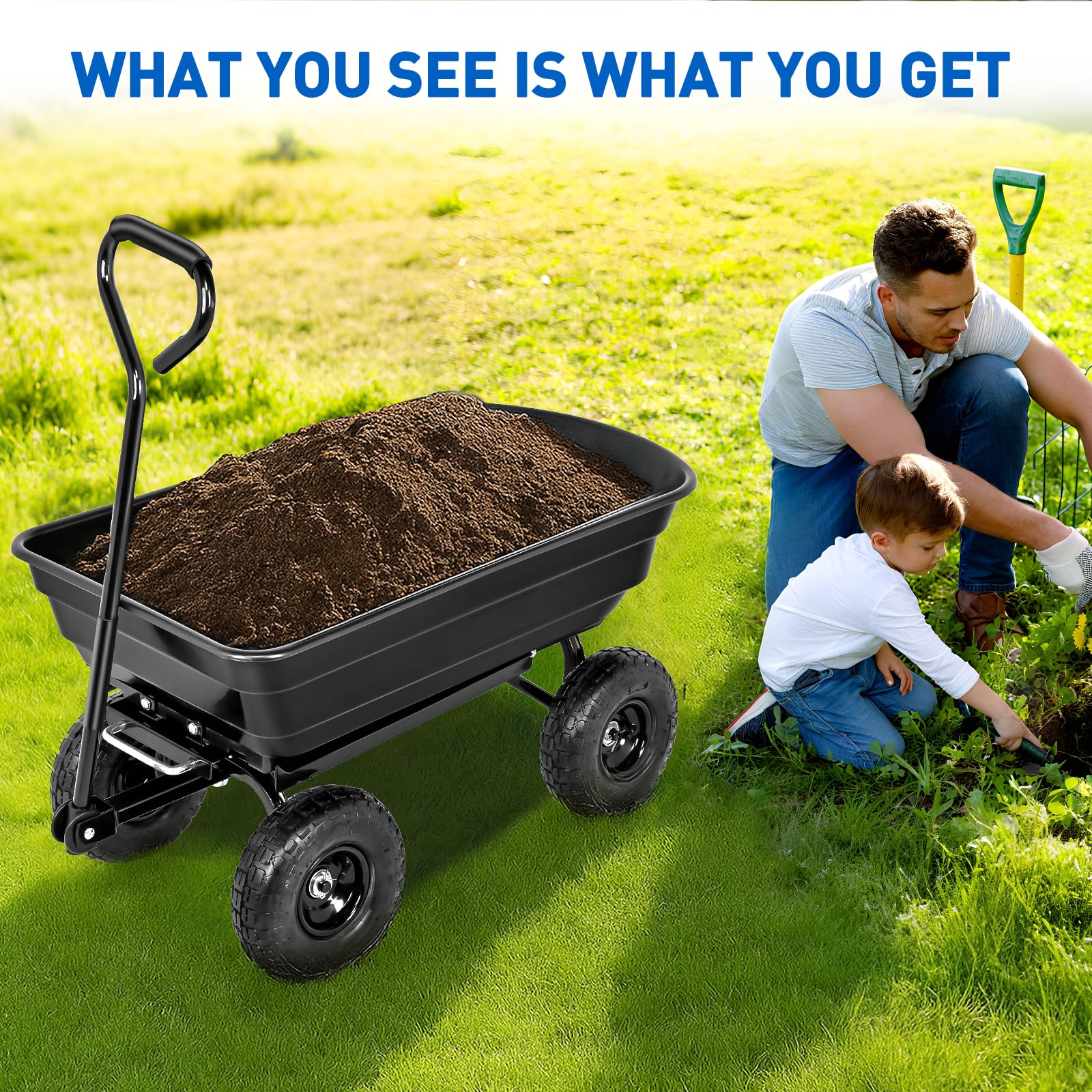 Garden Carts 600lbs Dump Wagon with All Terrain Inflatable Wheels for Yard Lawn Farms Gardening